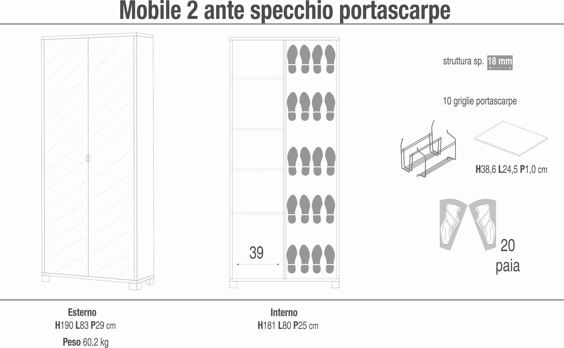 Mobile a due ante portascarpe con ripiani e specchio - 190 x 83 x 29 cm - 9