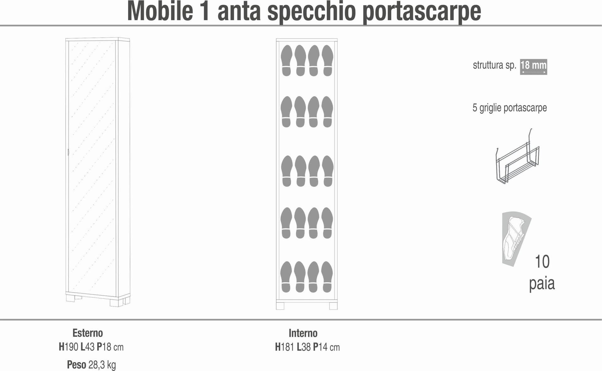 Colonna portascarpe con anta a specchio - 190 x 43 x 18 cm - 11