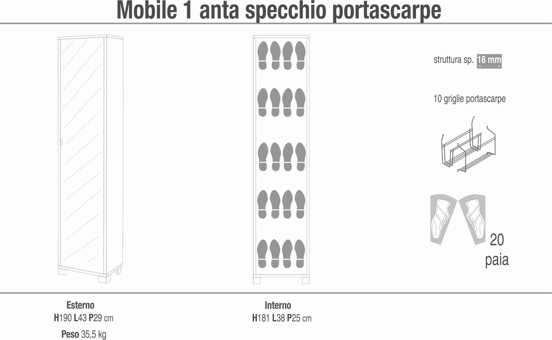 Colonna portascarpe 1 anta con specchio e griglie interne - 190 x 43 x 29 cm - 8
