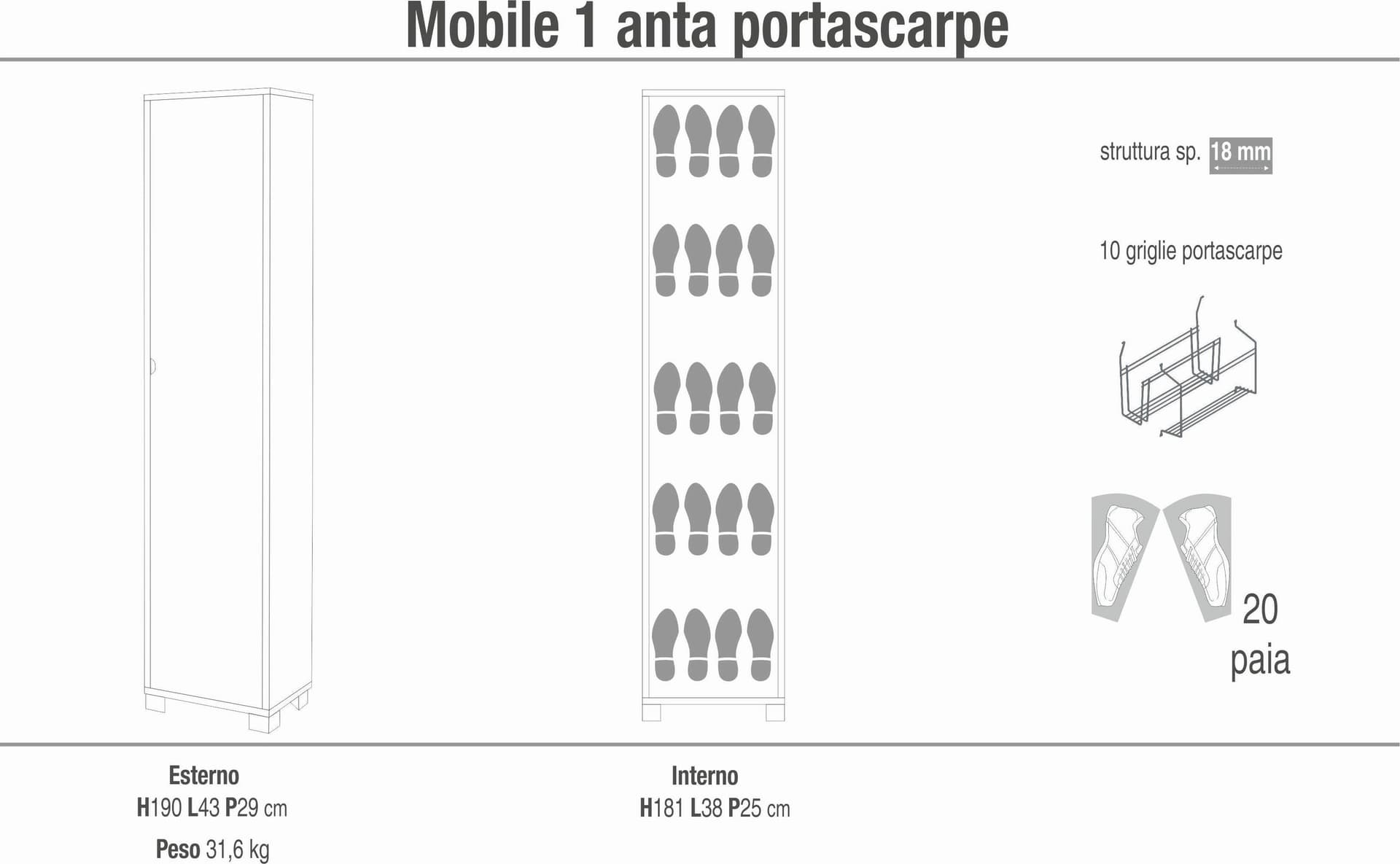 Colonna portascarpe 1 anta con griglie interne - 190 x 43 x 29 cm - 11