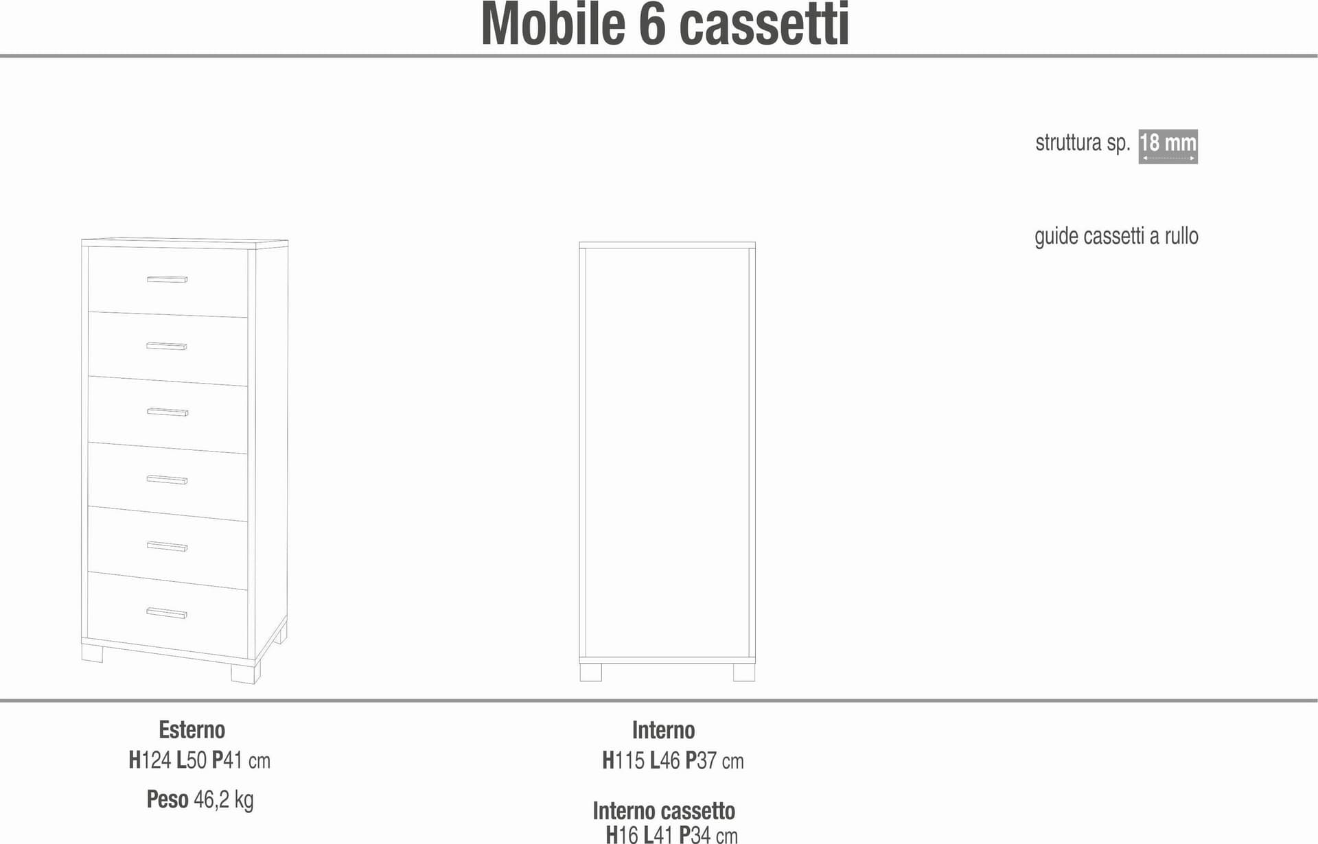 Cassettiera quadrata 6 cassetti con guide metalliche - 124 x 50 x 41 cm - 28