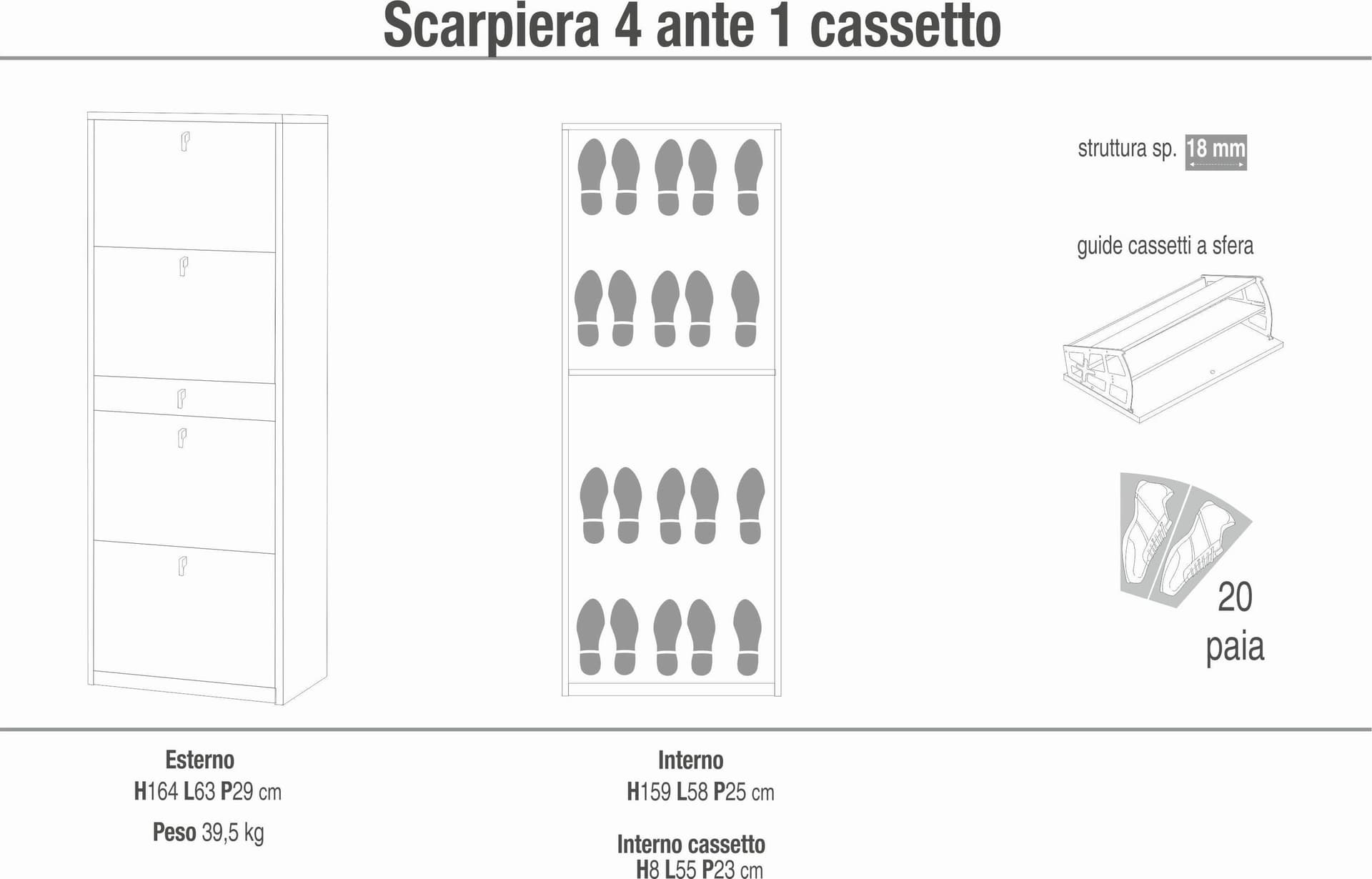 Scarpiera 4 ante a ribalta con cassetto doppia profondità - 164 x 63 x 29 cm - 10