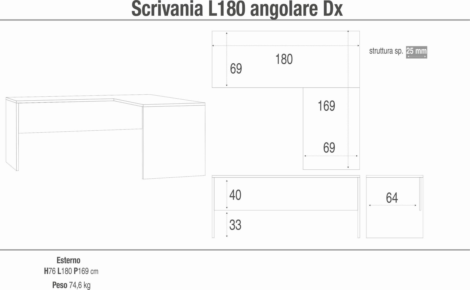 Scrivania angolare destra moderna - 76 x 180 x 169 cm - 4