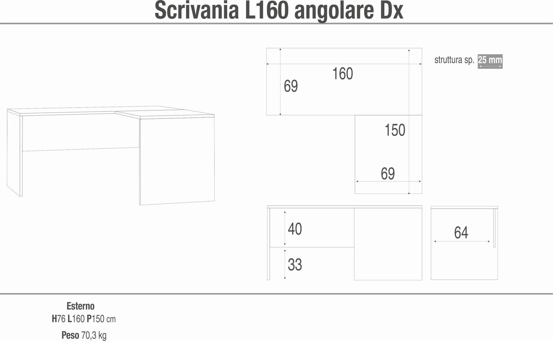 Scrivania angolare destra moderna in truciolare nobilitato - 76 x 160 x 150 cm - 4