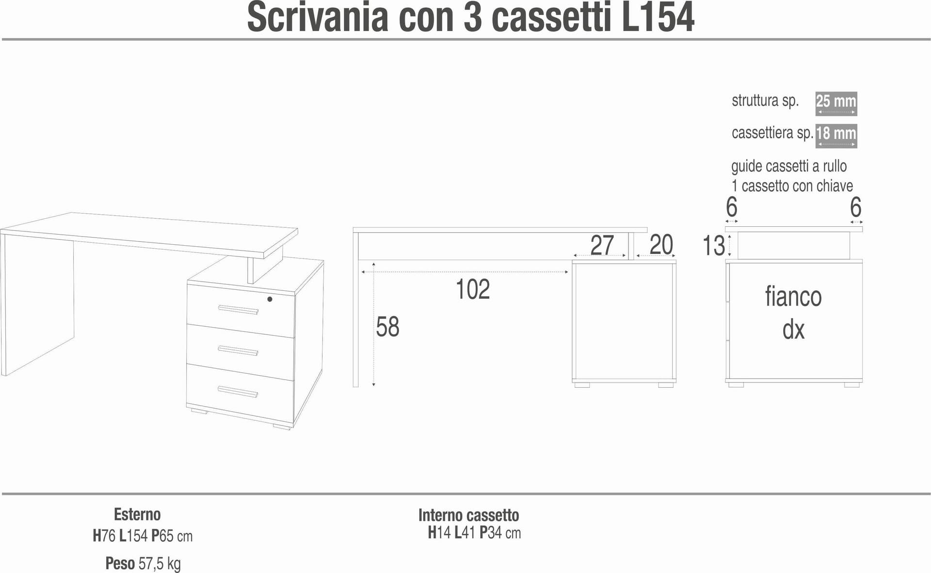 Scrivania moderna con cassettiera destra a 3 cassetti - 76 x 154 x 55 cm - 4