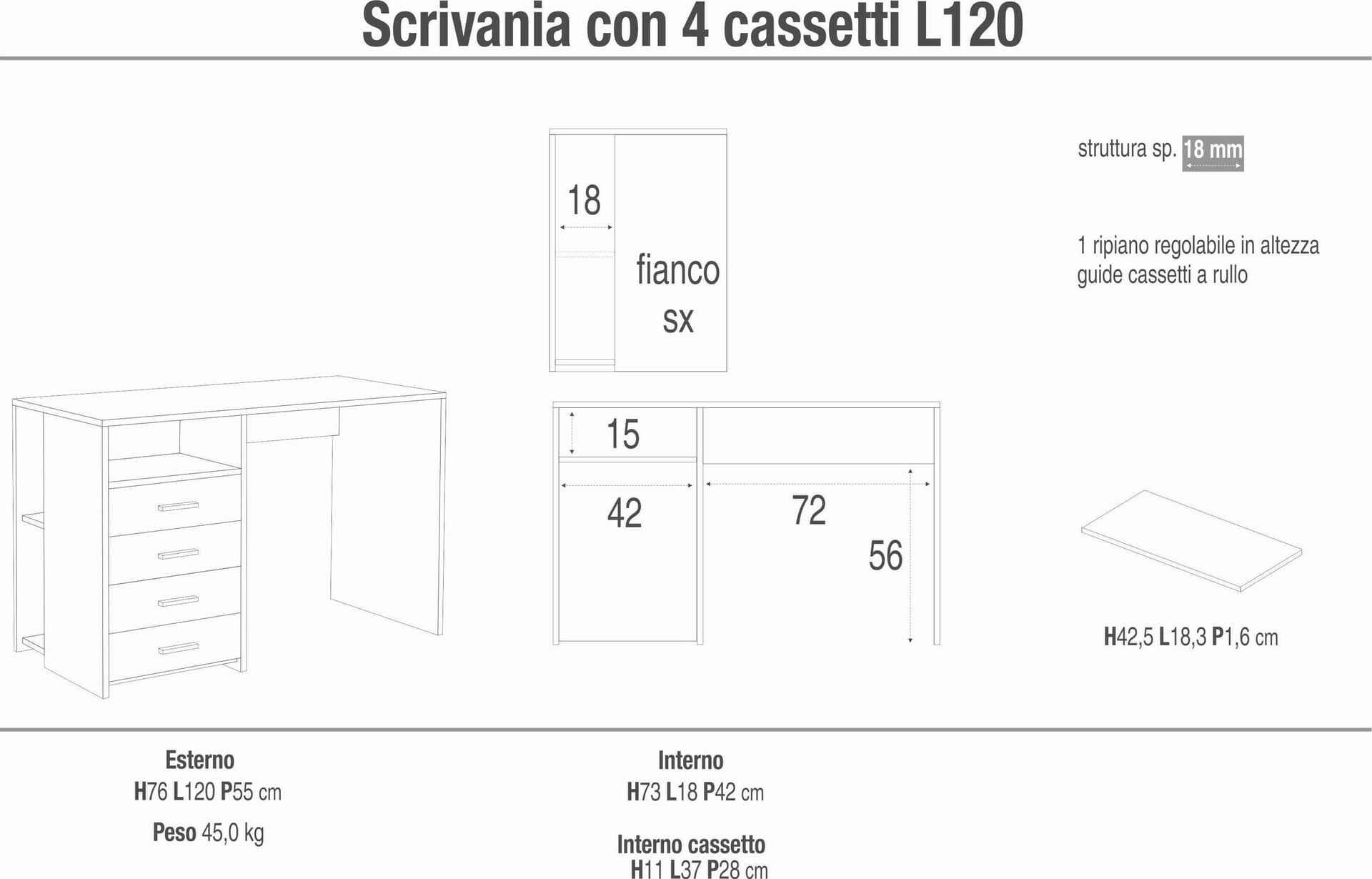 Scrivania 4 cassetti con vani a giorno - 76 x 120 x 55 cm - 3