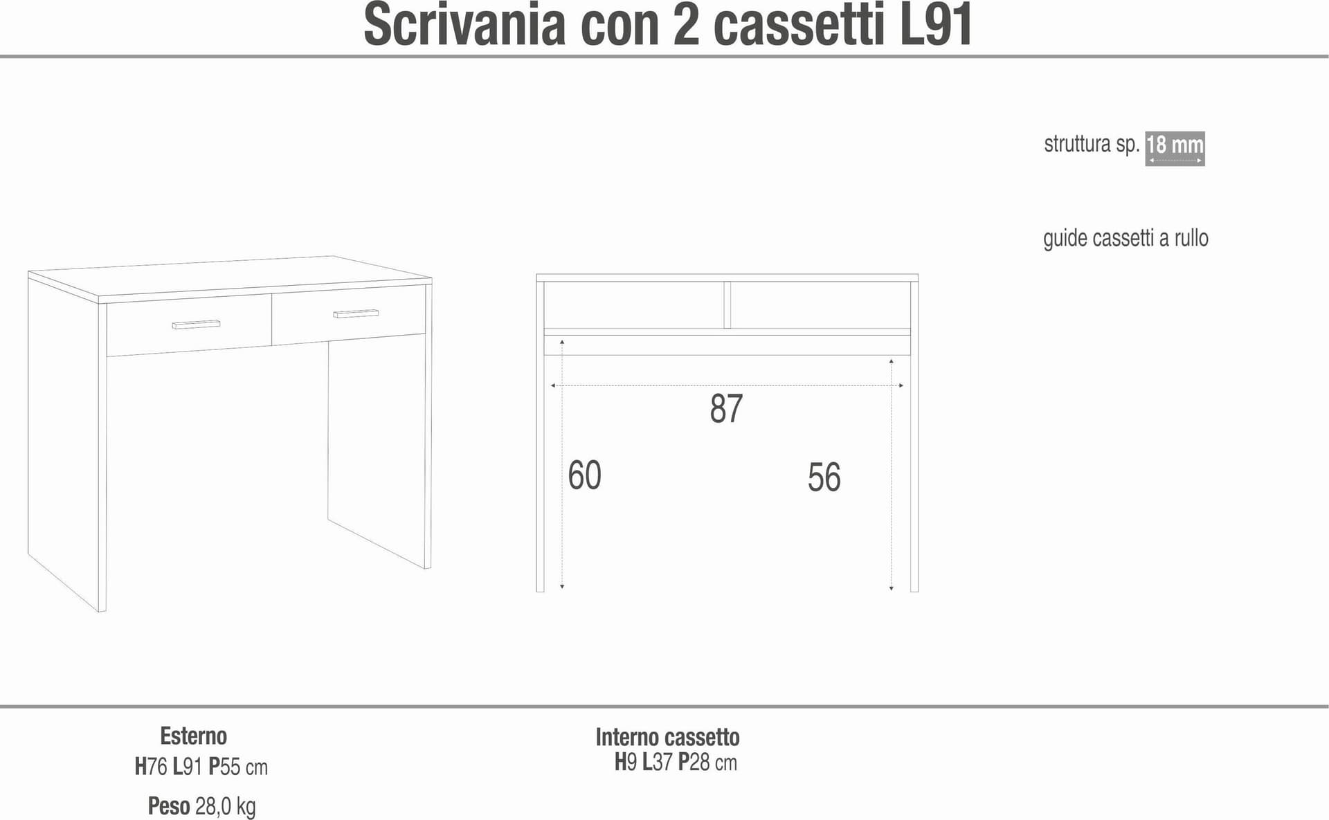 Scrivania 2 cassetti moderna - 76 x 91 x 55 cm - 5