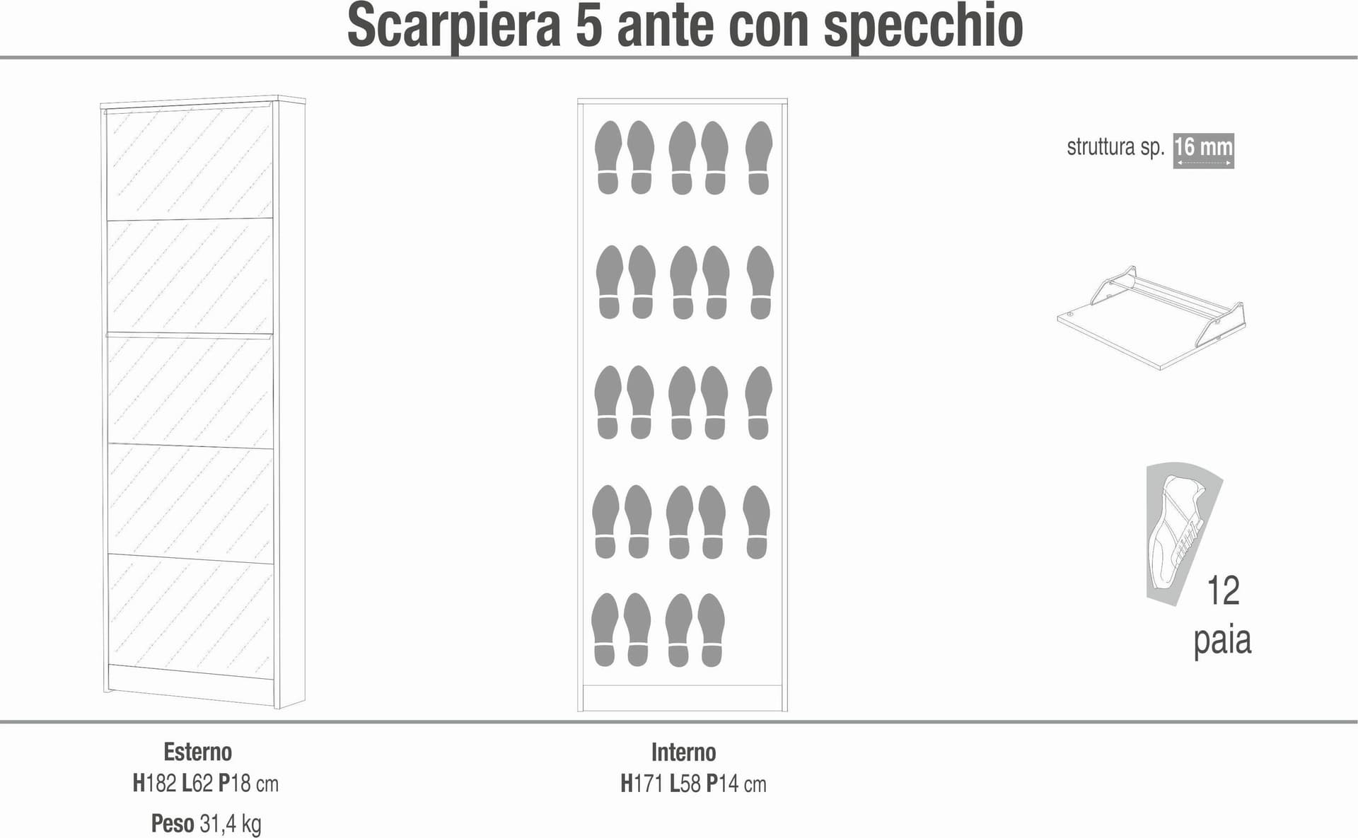 Scarpiera 5 ante a ribalta con specchio - 182 x 62 x 18 cm - 4