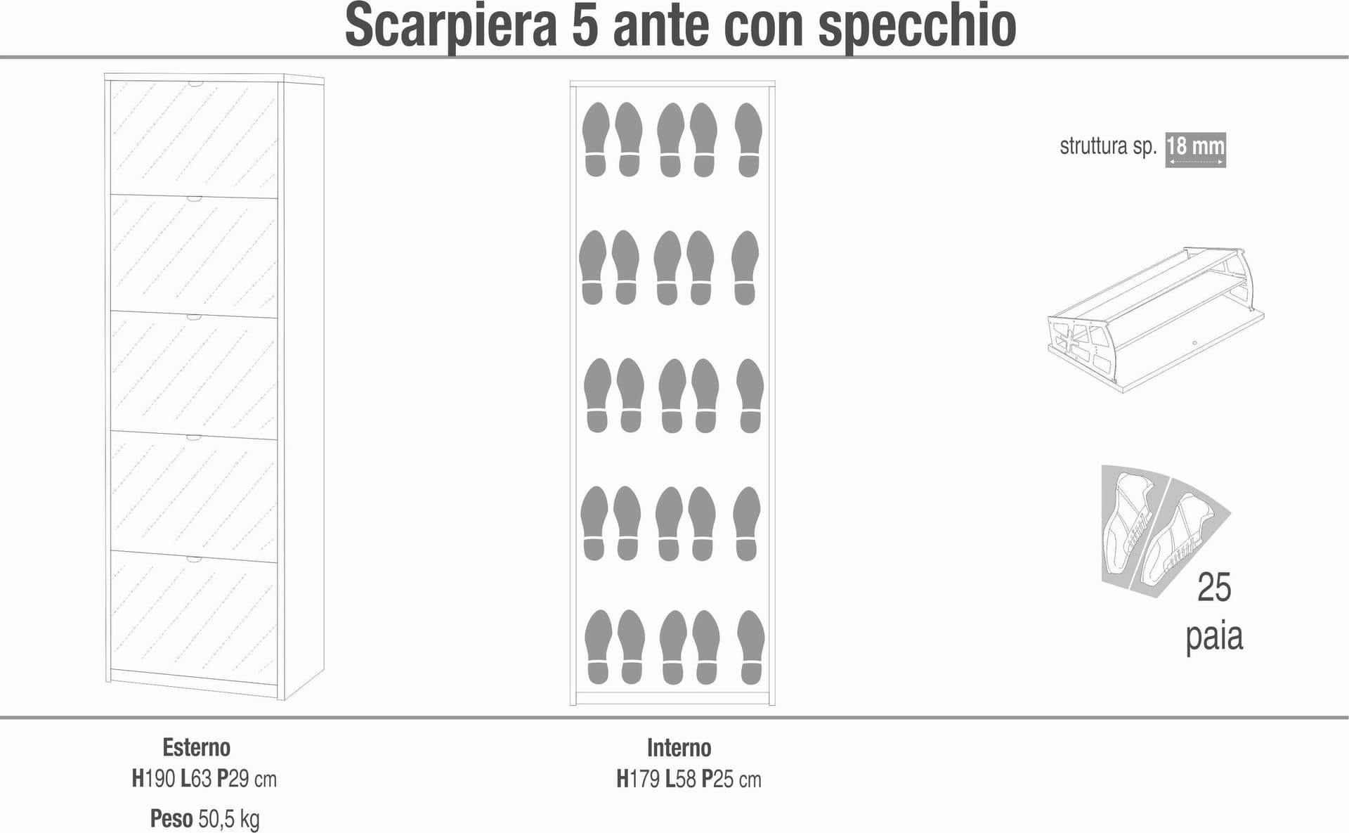Scarpiera 5 ante a ribalta con specchio e doppia profondità - 190 x 63 x 29 cm - 6