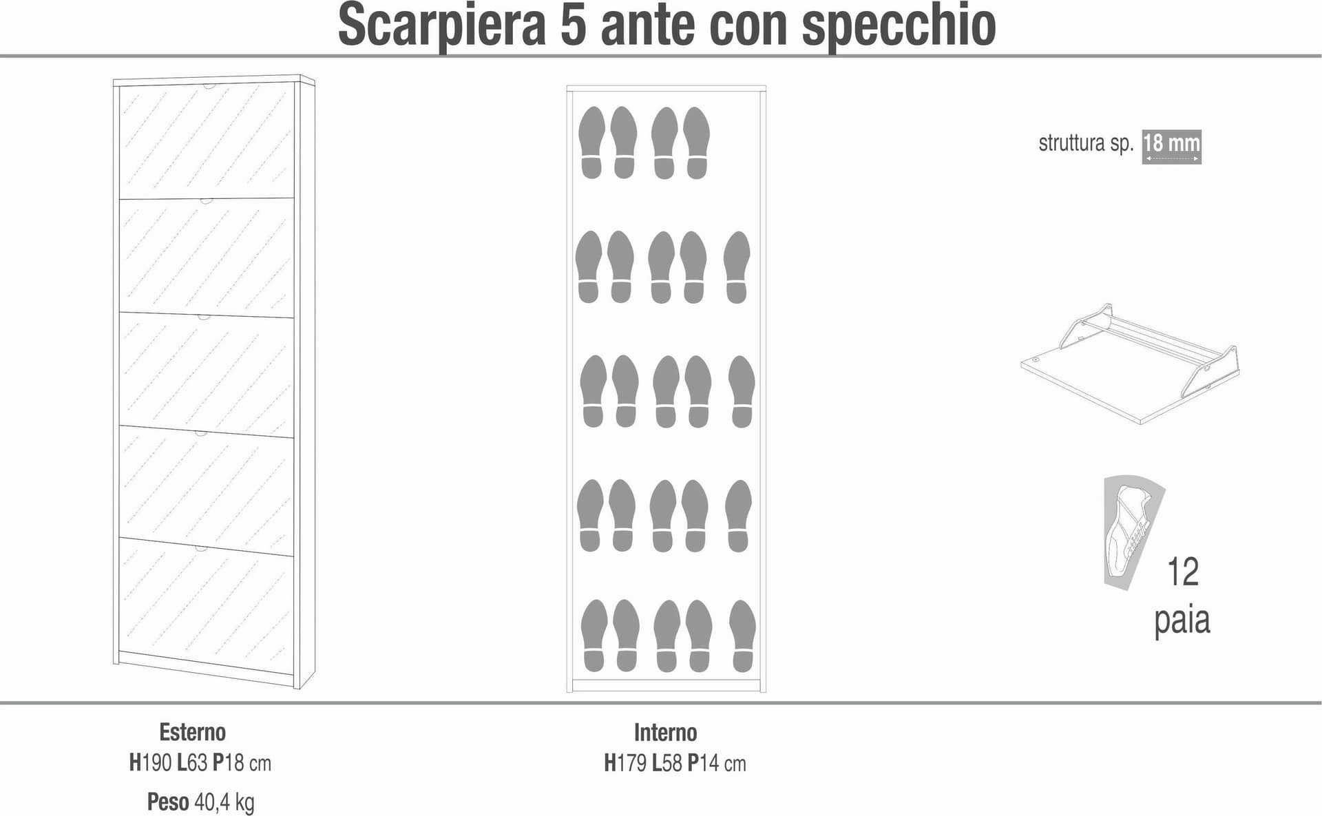 Scarpiera 5 ante a ribalta con specchio - 190 x 63 x 18 cm - 6