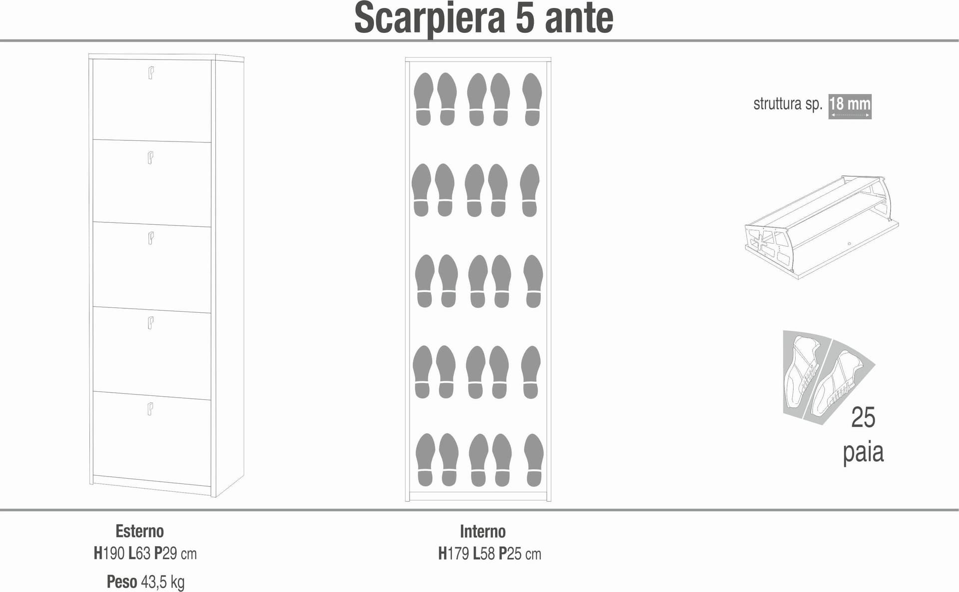 Scarpiera 5 ante a ribalta doppia profondità - 190 x 63 x 29 cm - 9