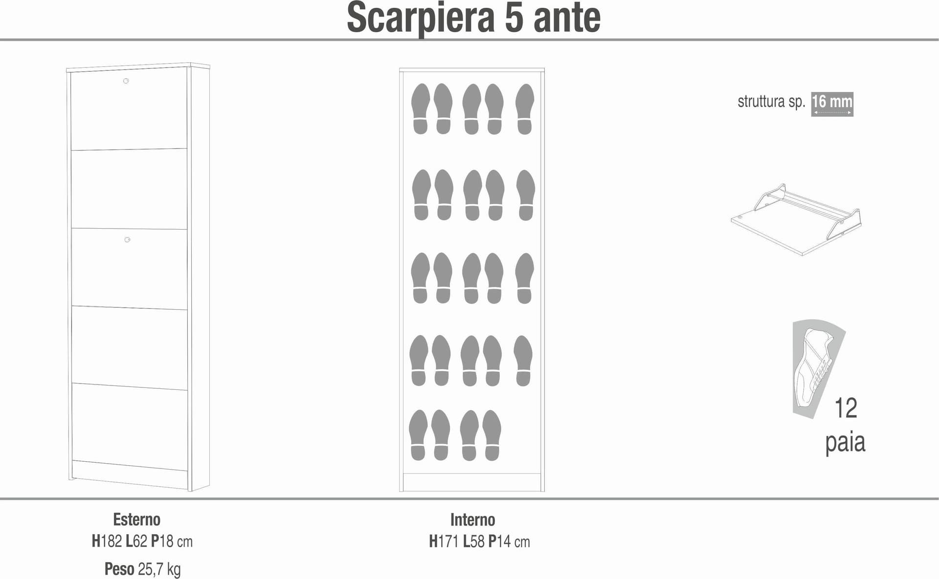 Scarpiera 5 ante a ribalta - 182 x 62 x 18 cm - 5