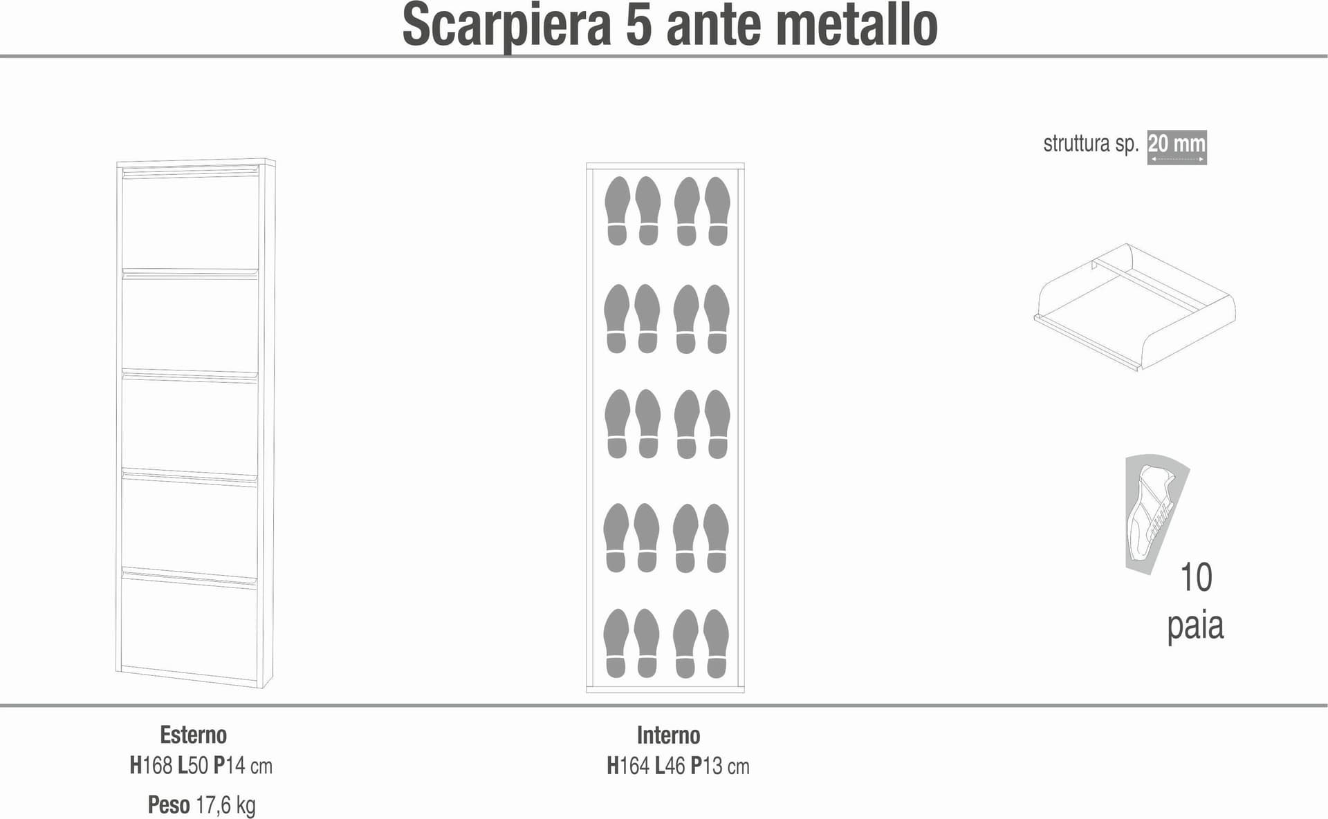 Scarpiera in metallo 5 ante a ribalta - 168 x 50 x 14 cm - 4