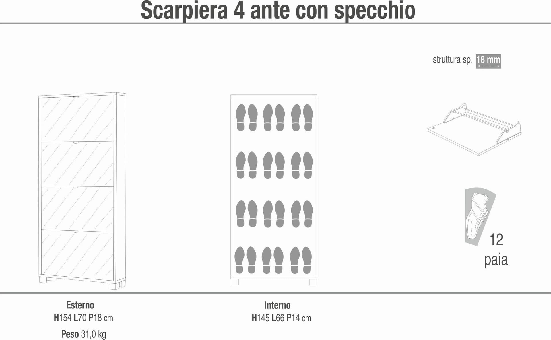 Scarpiera 4 ante a ribalta con specchio - 154 x 70 x 18 cm - 8