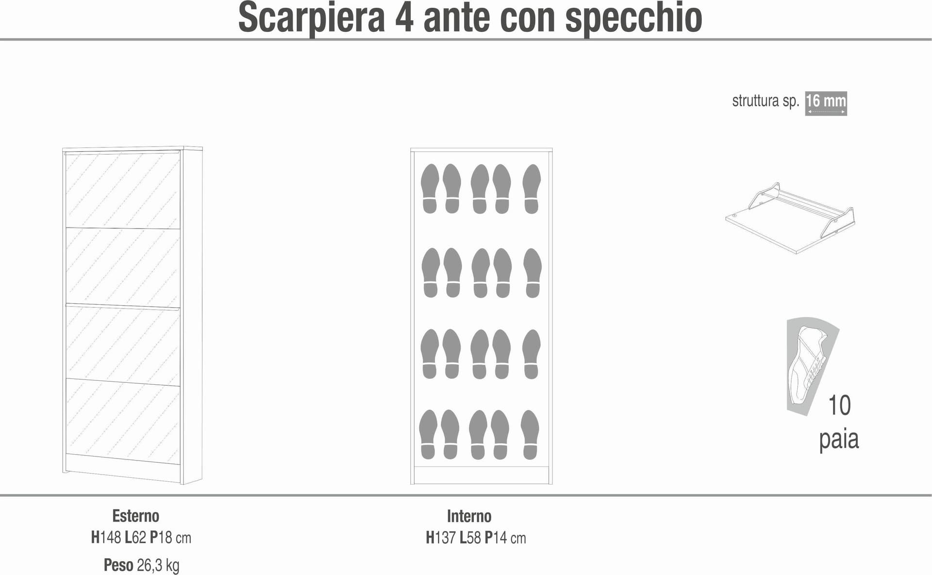 Scarpiera 4 ante a ribalta con specchio - 148 x 62 x 18 cm - 4