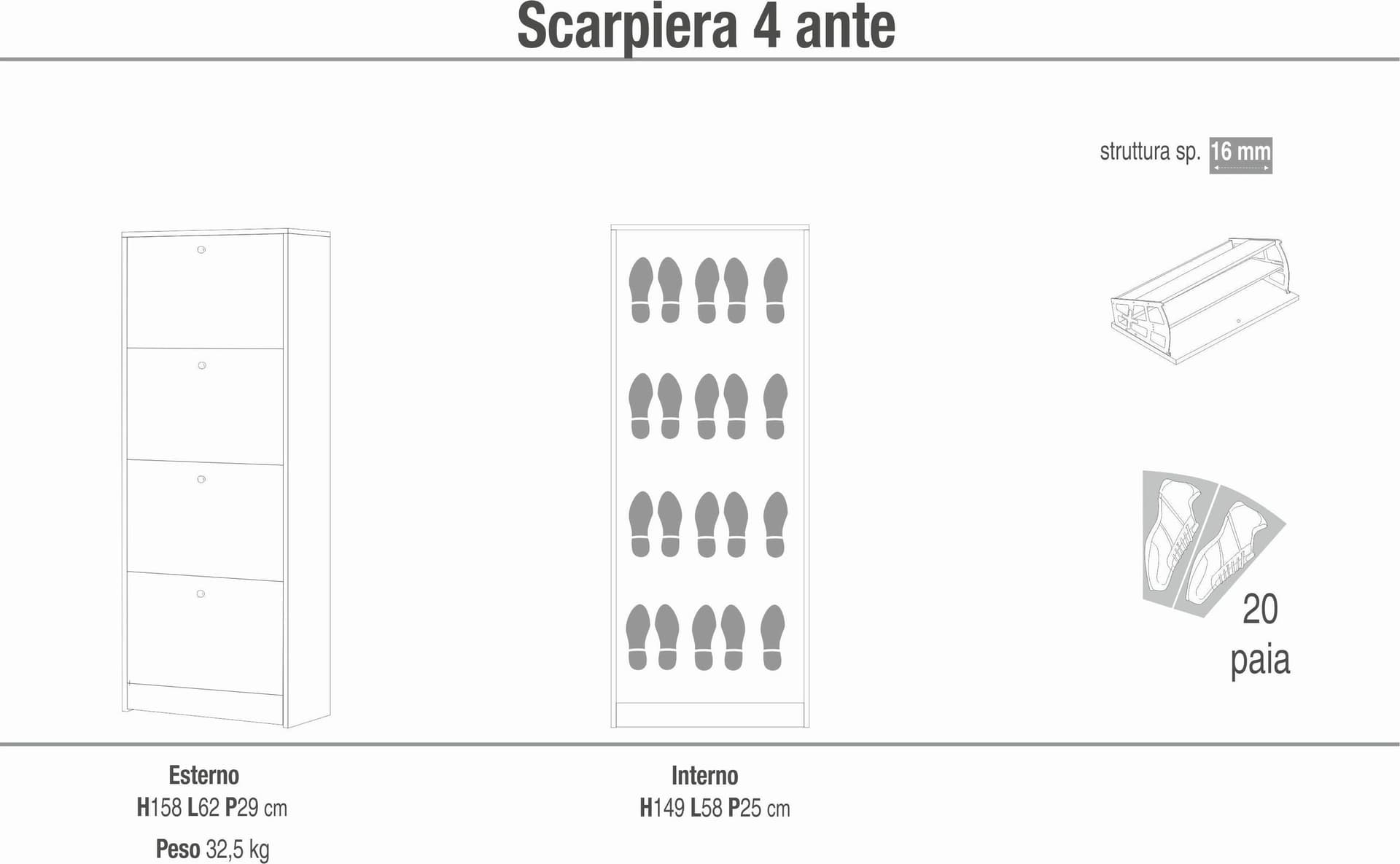 Scarpiera 4 ante a ribalta doppia profondità - 158 x 62 x 29 cm - 5