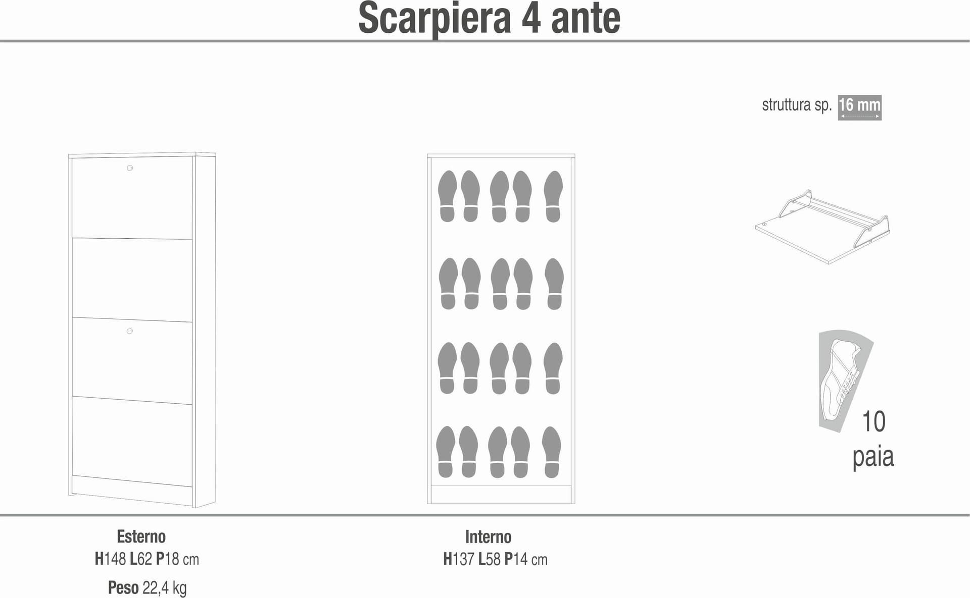Scarpiera 4 ante a ribalta - 148 x 62 x 18 cm - 5