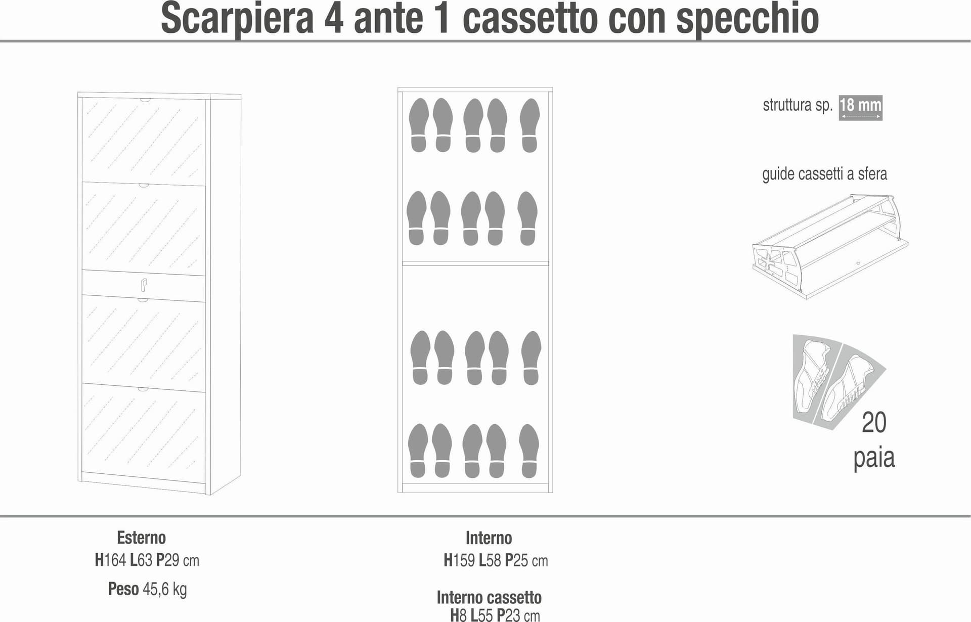 Scarpiera 4 ante a ribalta con specchio e cassetto - 164 x 63 x 29 cm - 6