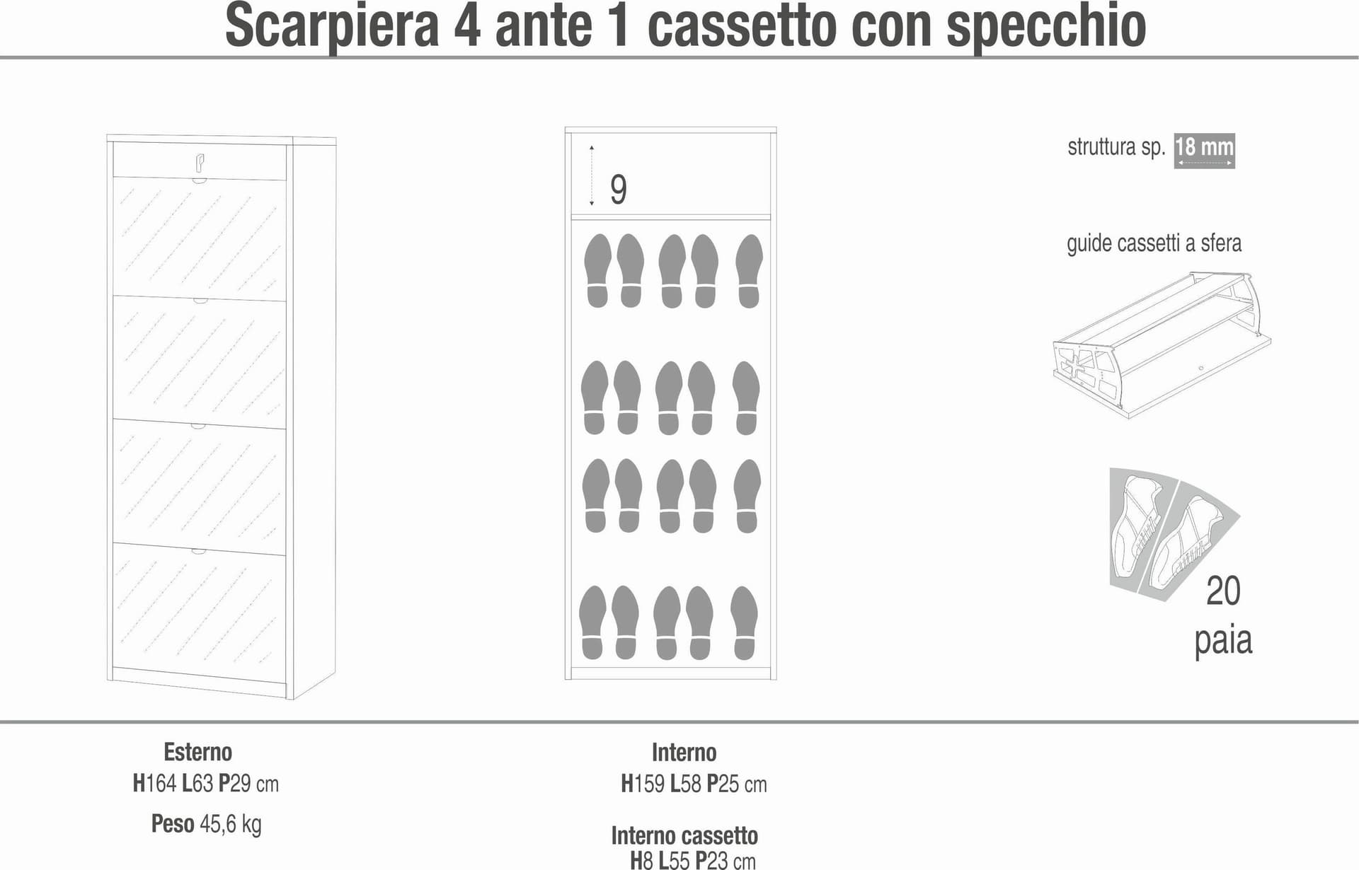 Scarpiera 4 ante a ribalta con specchio e cassetto - 164 x 63 x 29 cm - 6