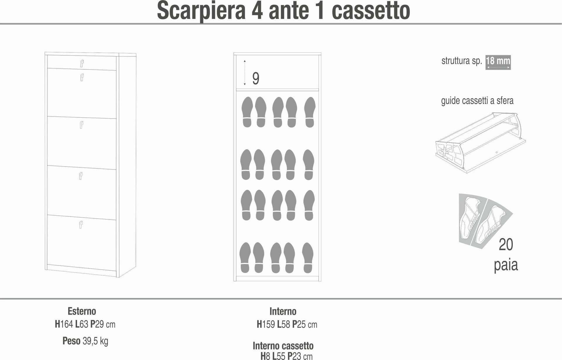 Scarpiera 4 ante e 1 cassetto a ribalta - 164 x 63 x 29 cm - 8