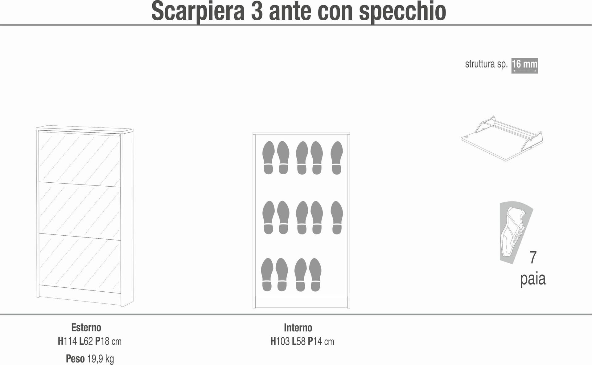 Scarpiera 3 ante a ribalta con specchio - 114 x 62 x 18 cm - 4