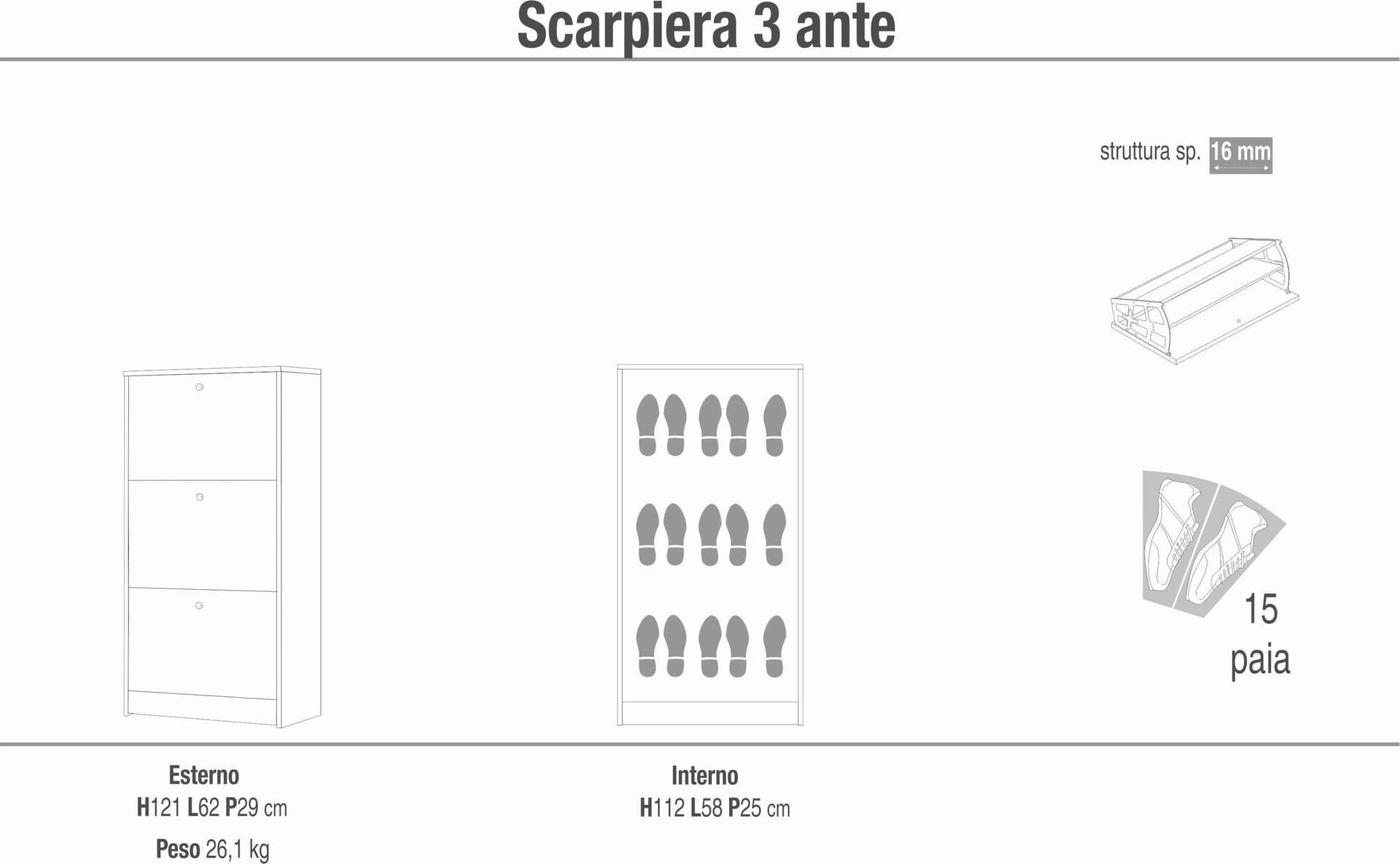 Scarpiera 3 ante a ribalta doppia profondità - 121 x 62 x 29 cm - 5