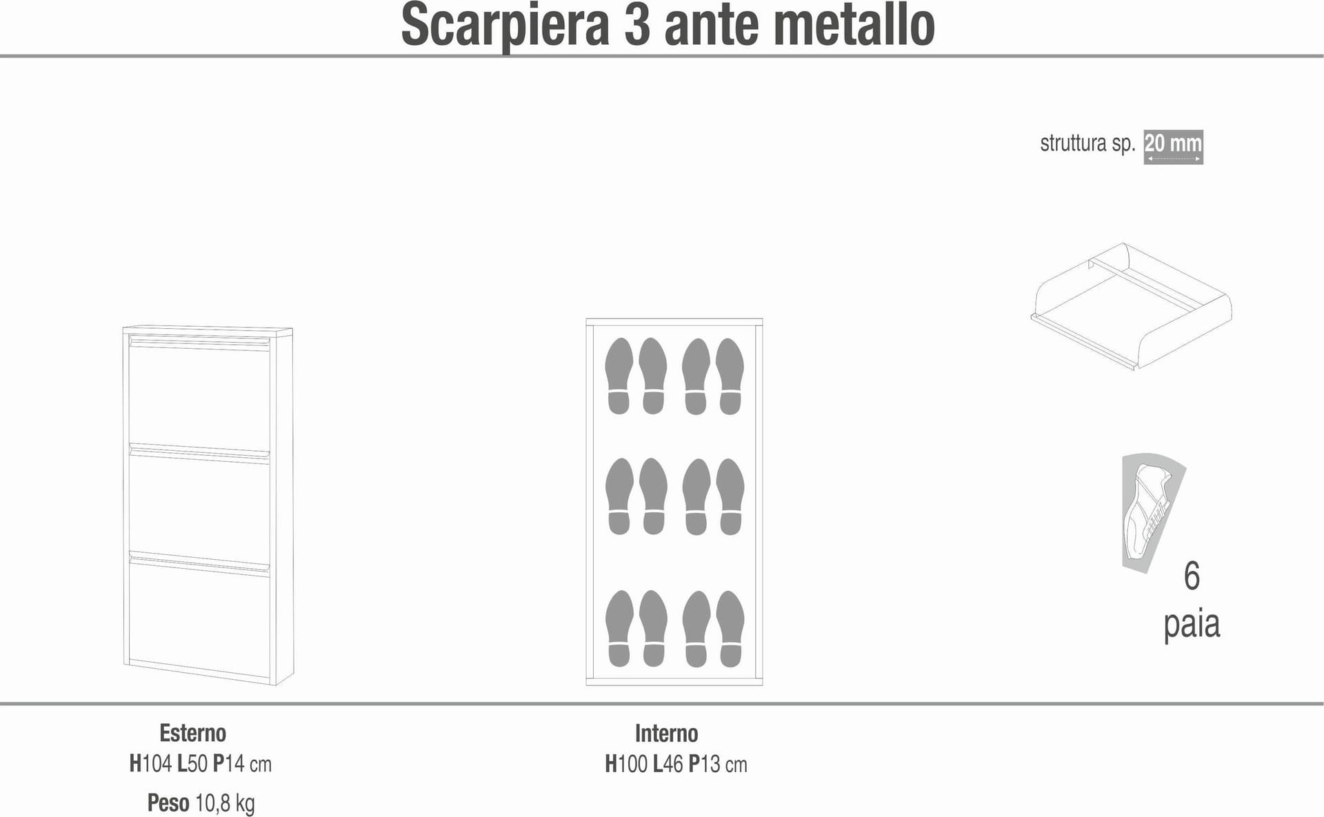 Scarpiera in metallo 3 ante a ribalta - 104 x 50 x 14 cm - 5