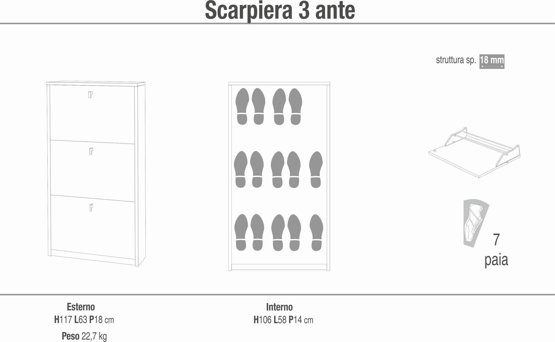 Scarpiera con 3 ante a ribalta singola - 117 x 63 x 18 cm - 8