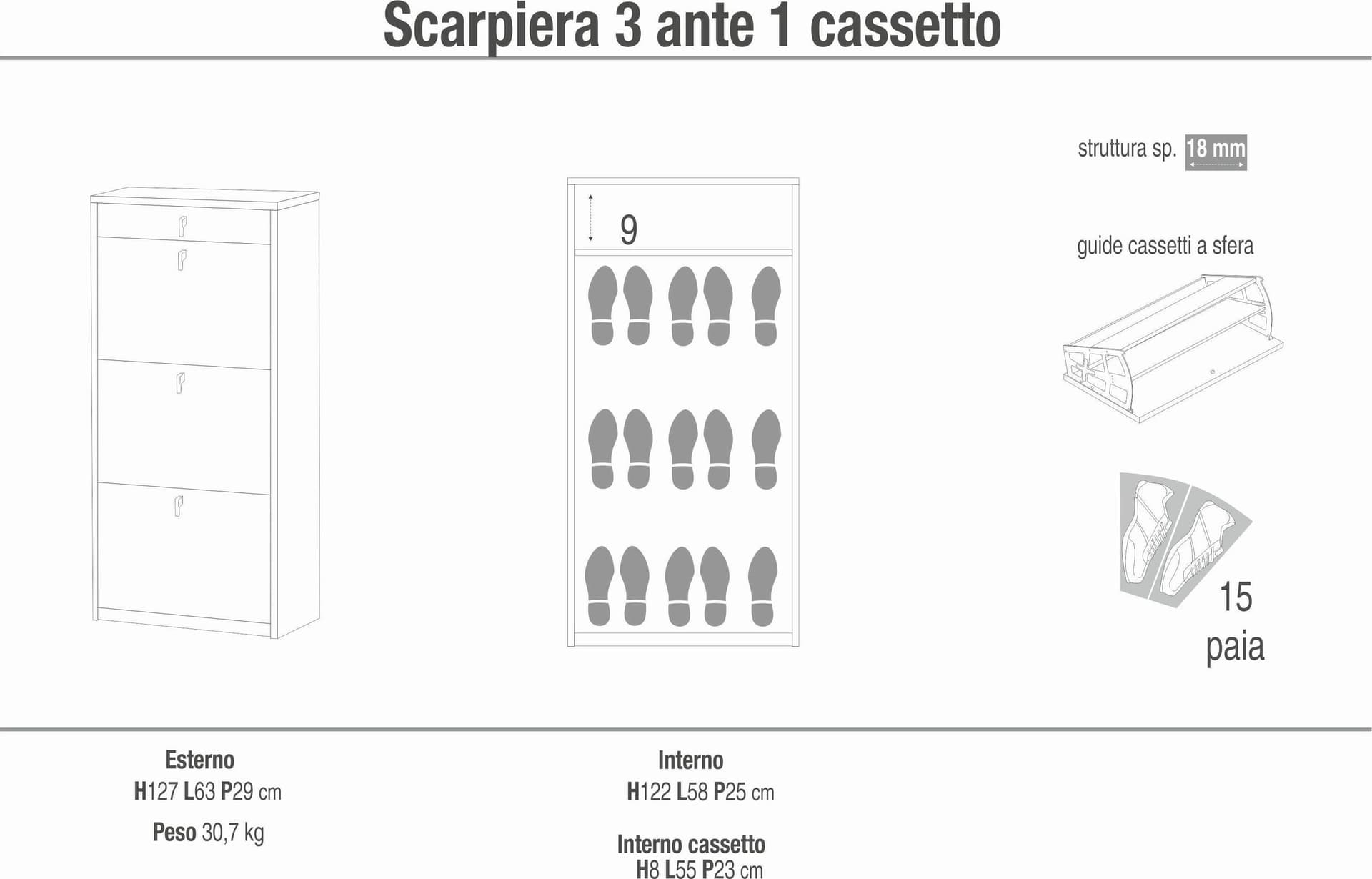 Scarpiera con 3 ante e 1 cassetto - 127 x 63 x 29 cm - 10