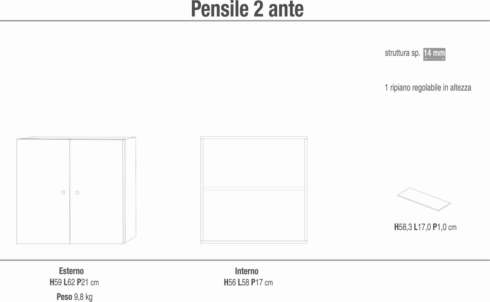 Pensile 2 ante con ripiano regolabile e design semplice – 62x21x59 cm - 2