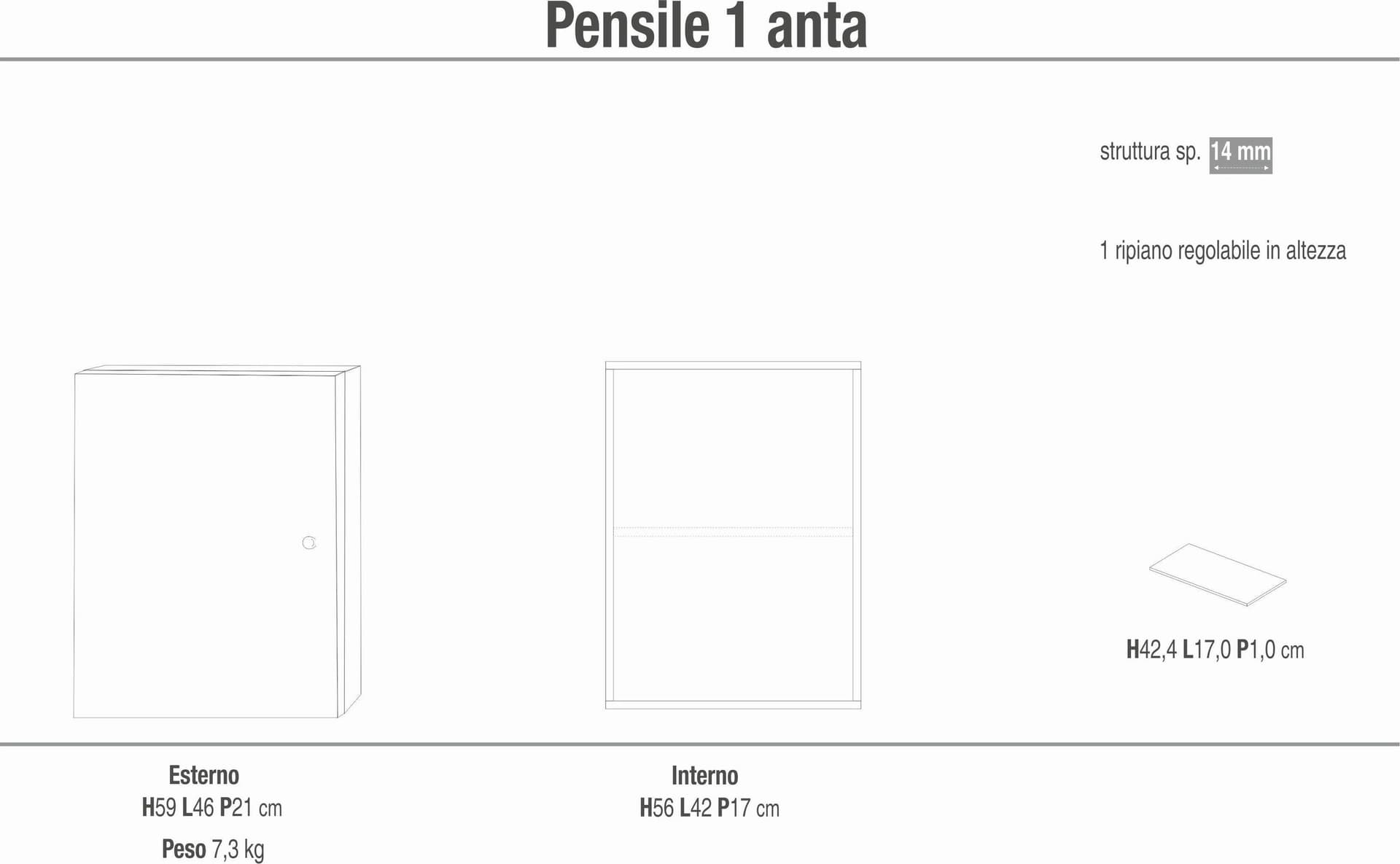 Pensile 1 anta con ripiano regolabile e design semplice – 46x21x59 cm - 2