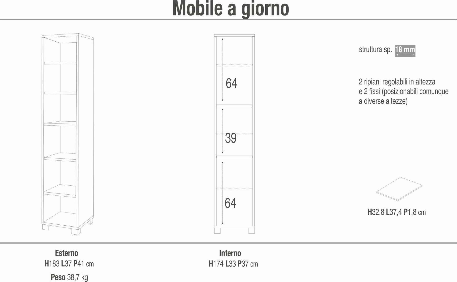 Libreria a giorno con 5 ripiani e design moderno – 37x41x183 cm - 3