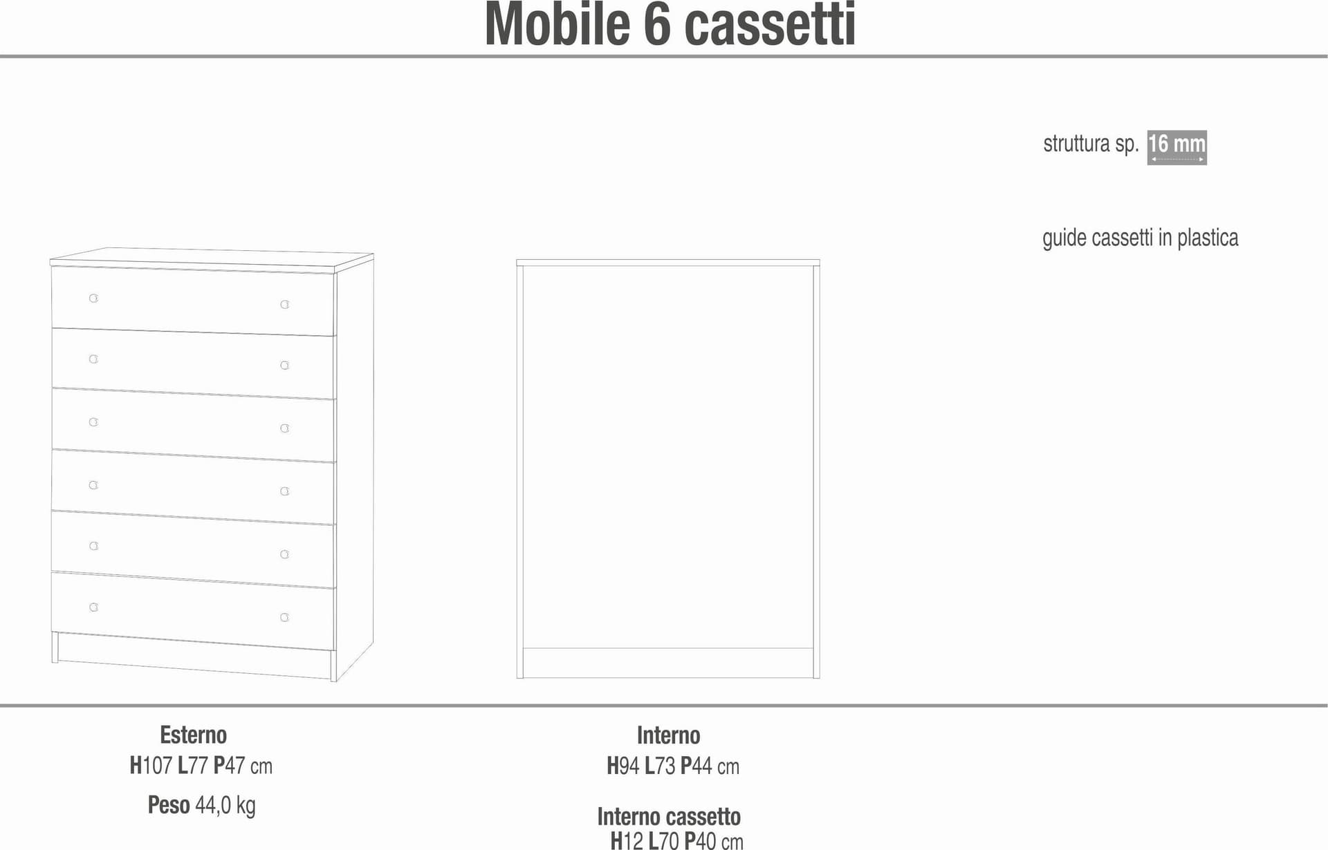 Cassettiera moderna 6 cassetti con struttura compatta – 77x47x107 cm - 5