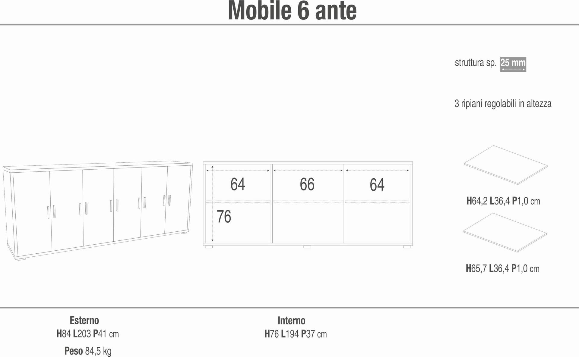Madia moderna 6 ante con ripiani regolabili e ampia superficie d’appoggio – 203x41x84 cm - 11