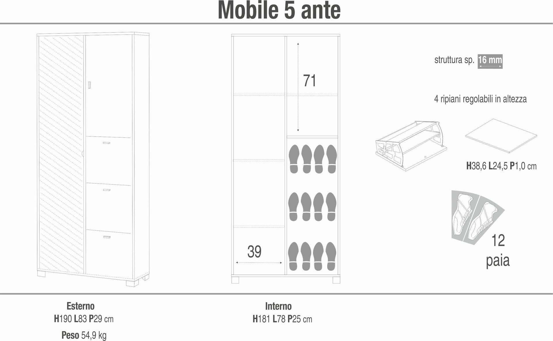 Armadio multifunzione 5 ante con scarpiera e anta a specchio – 83x29x190 cm - 5