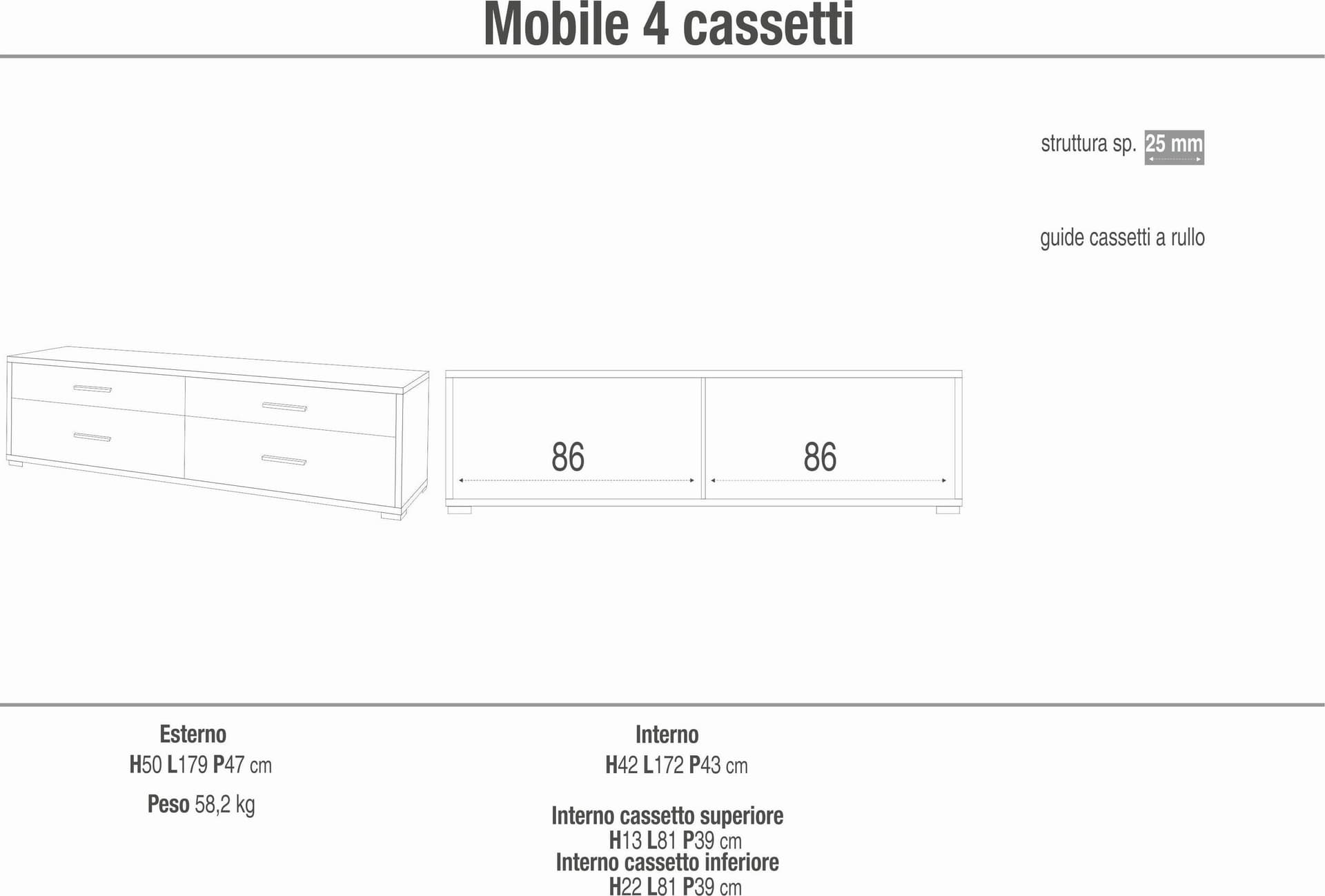 Cassettiera moderna 4 cassetti, minimal e ampia superficie d’appoggio – 179x47x50 cm - 14