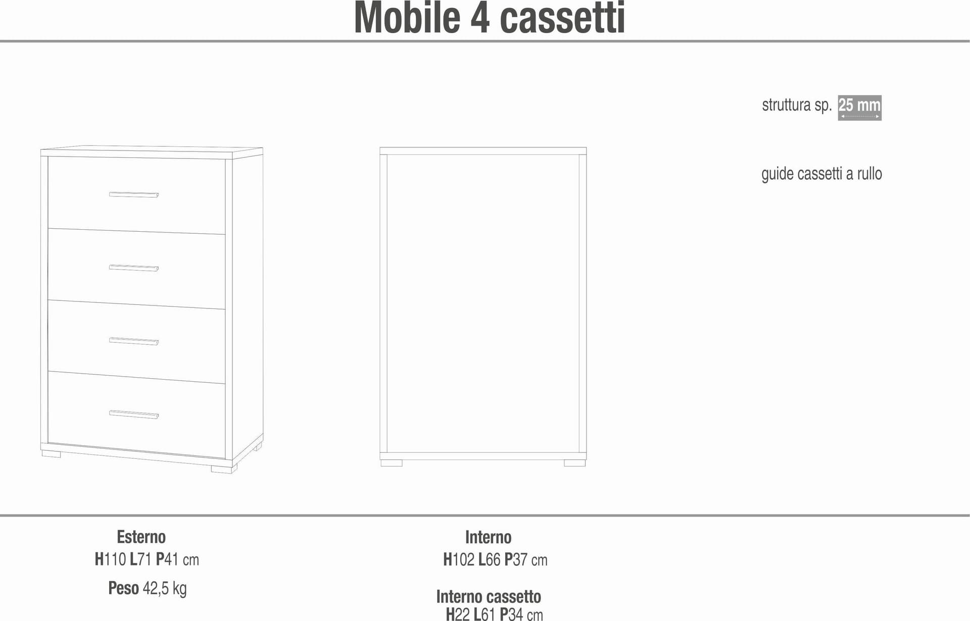 Cassettiera a quattro cassetti dal design contemporaneo - 110 x 71 x 41 cm - 10