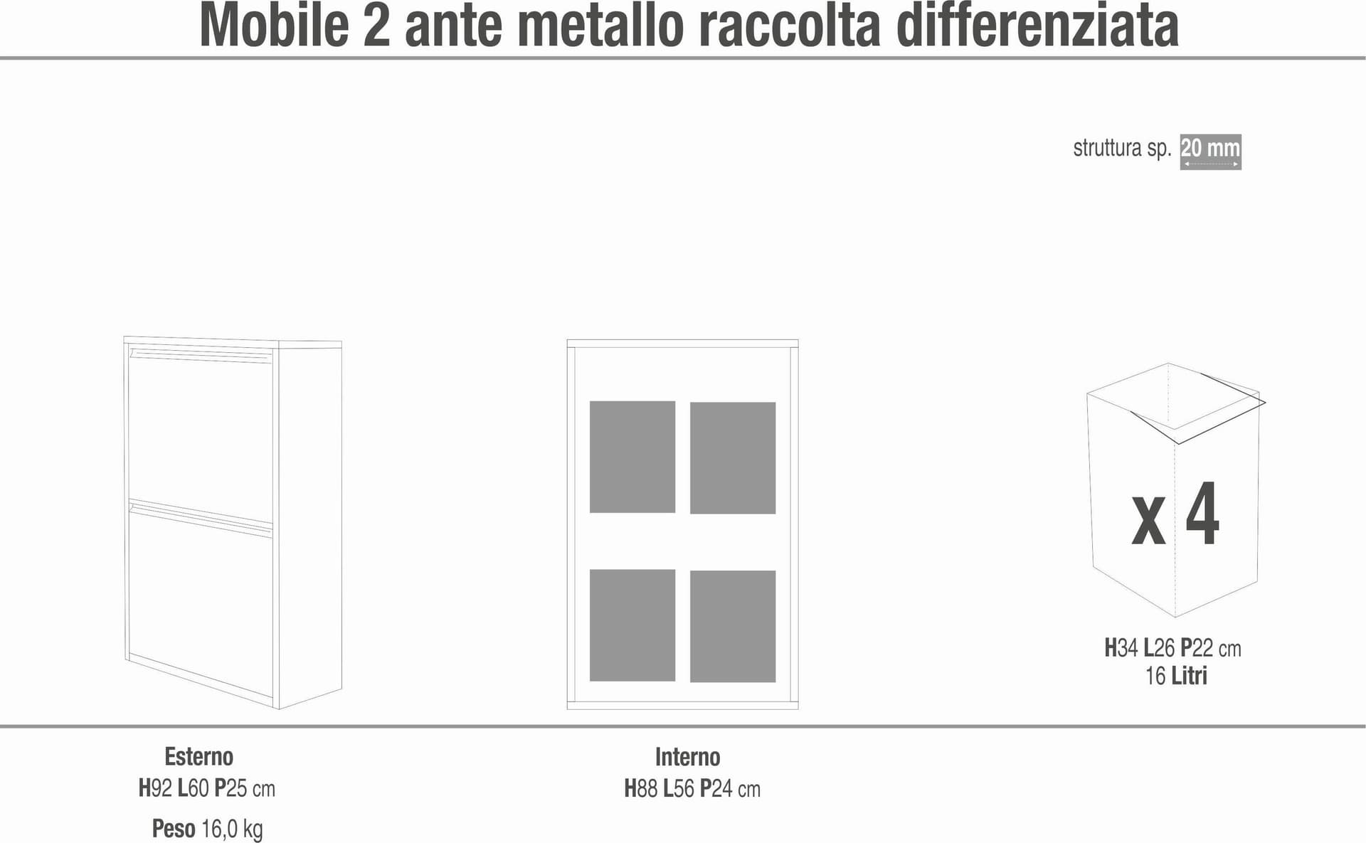 Mobile raccolta differenziata 4 ante in metallo – 60x25x92 cm - 3