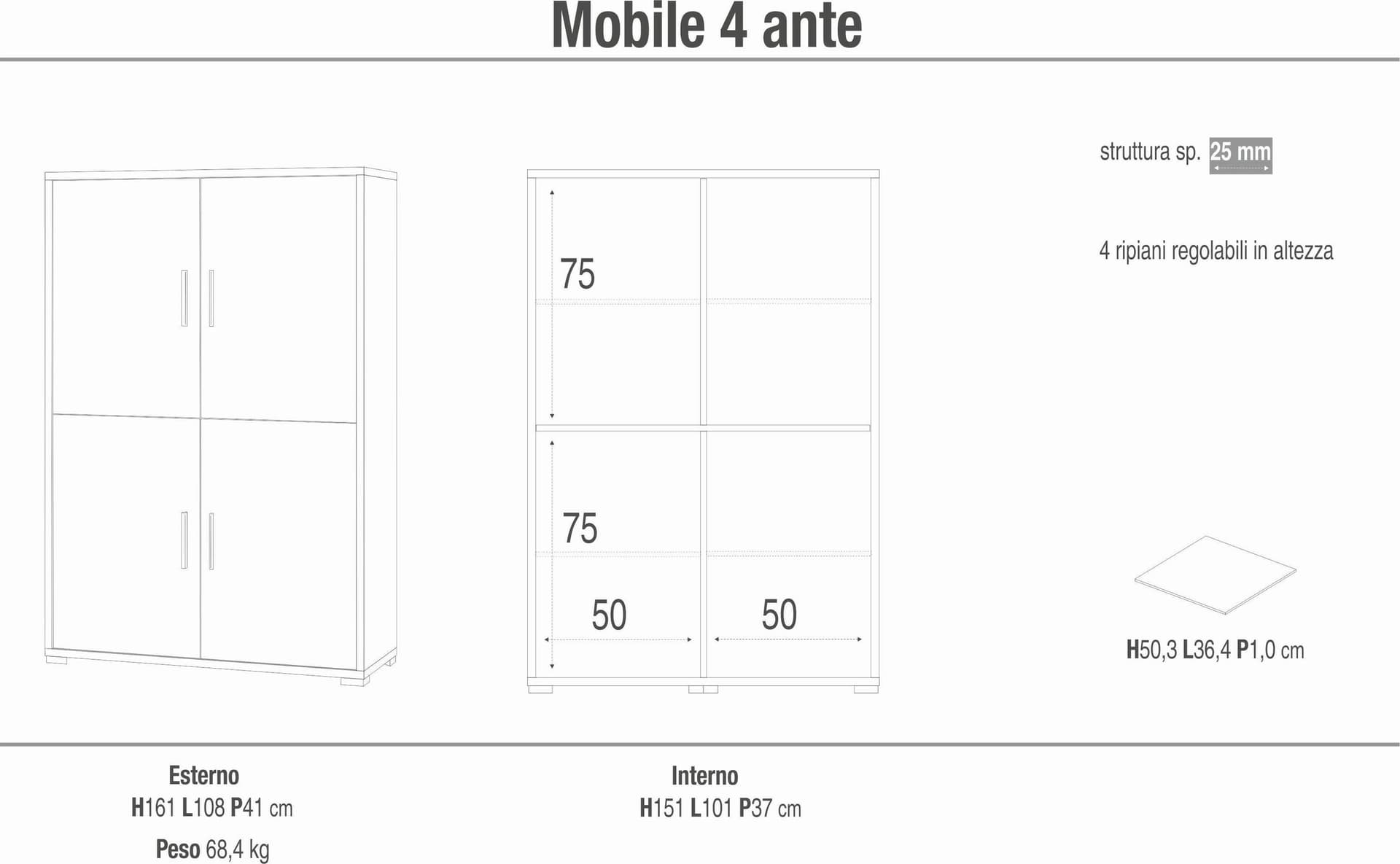 Armadio moderno 4 ante con struttura resistente e ripiani regolabili – 108x41x161 cm - 10