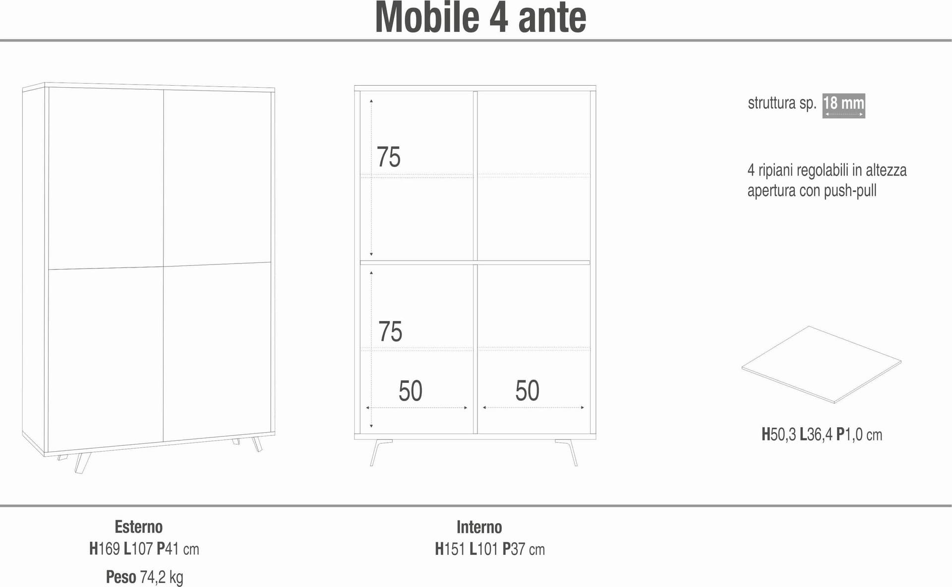 Madia a quattro ante con apertura push-pull - 169 x 107 x 41 cm - 12