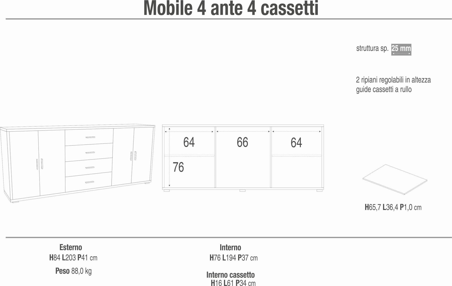 Madia a quattro ante e quattro cassetti - 84 x 203 x 41 cm - 11