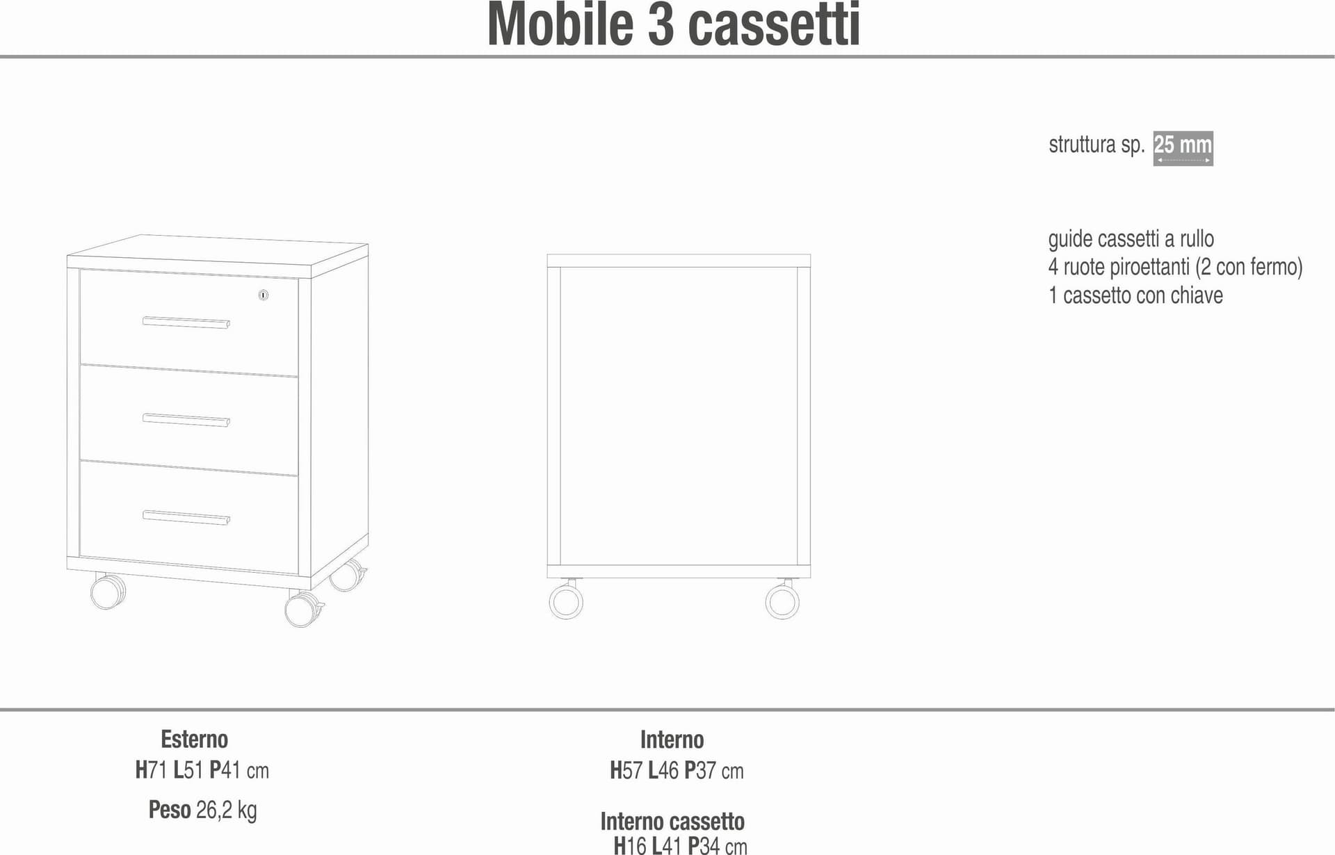 Cassettiera 3 cassetti su ruote con serratura – 51x41x71 cm - 10