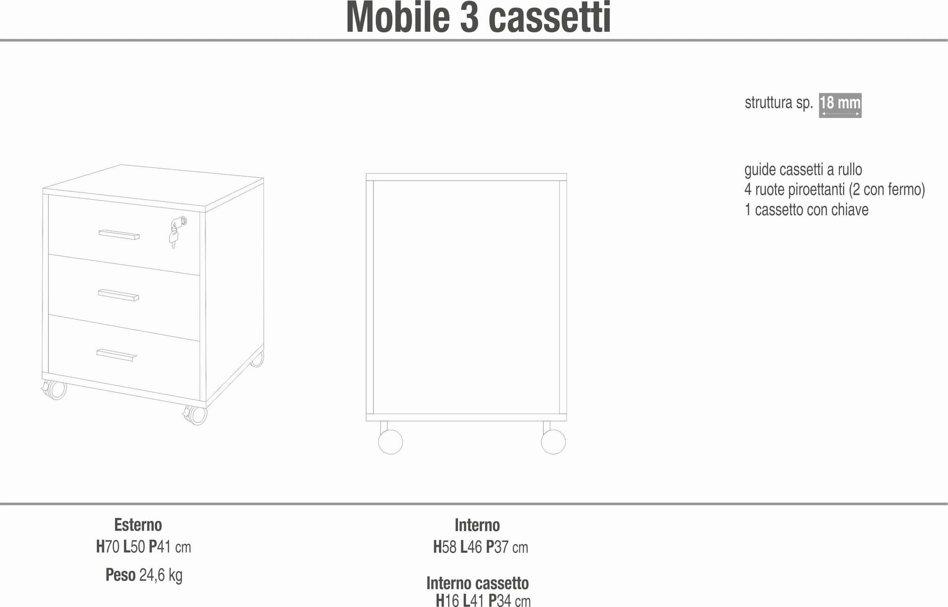 Cassettiera 3 cassetti su ruote con serratura – 50x41x70 cm - 5