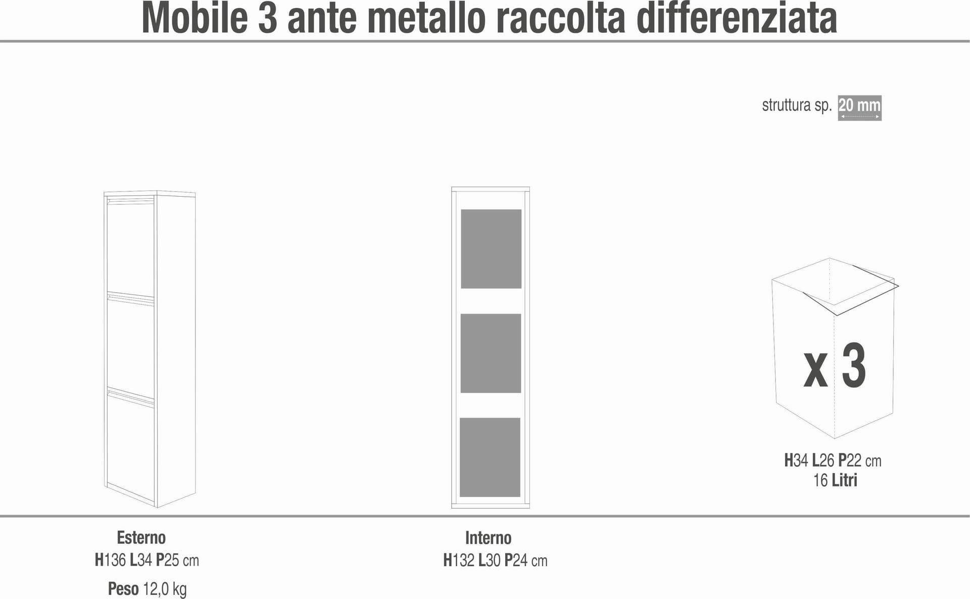 Mobile raccolta differenziata 3 ante in metallo – 34x25x136 cm - 3
