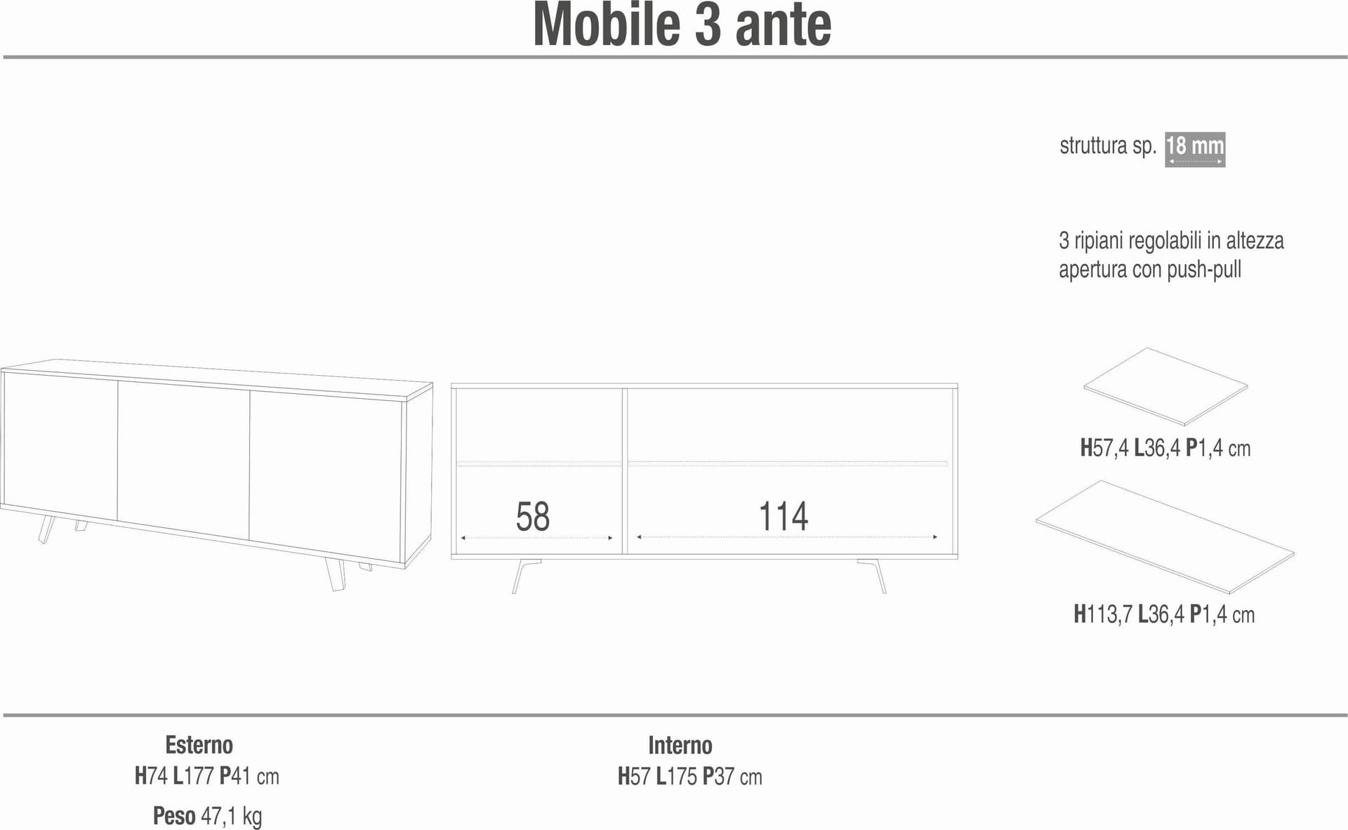 Madia 3 ante con apertura push-pull - 74 x 177 x 41 cm - 15