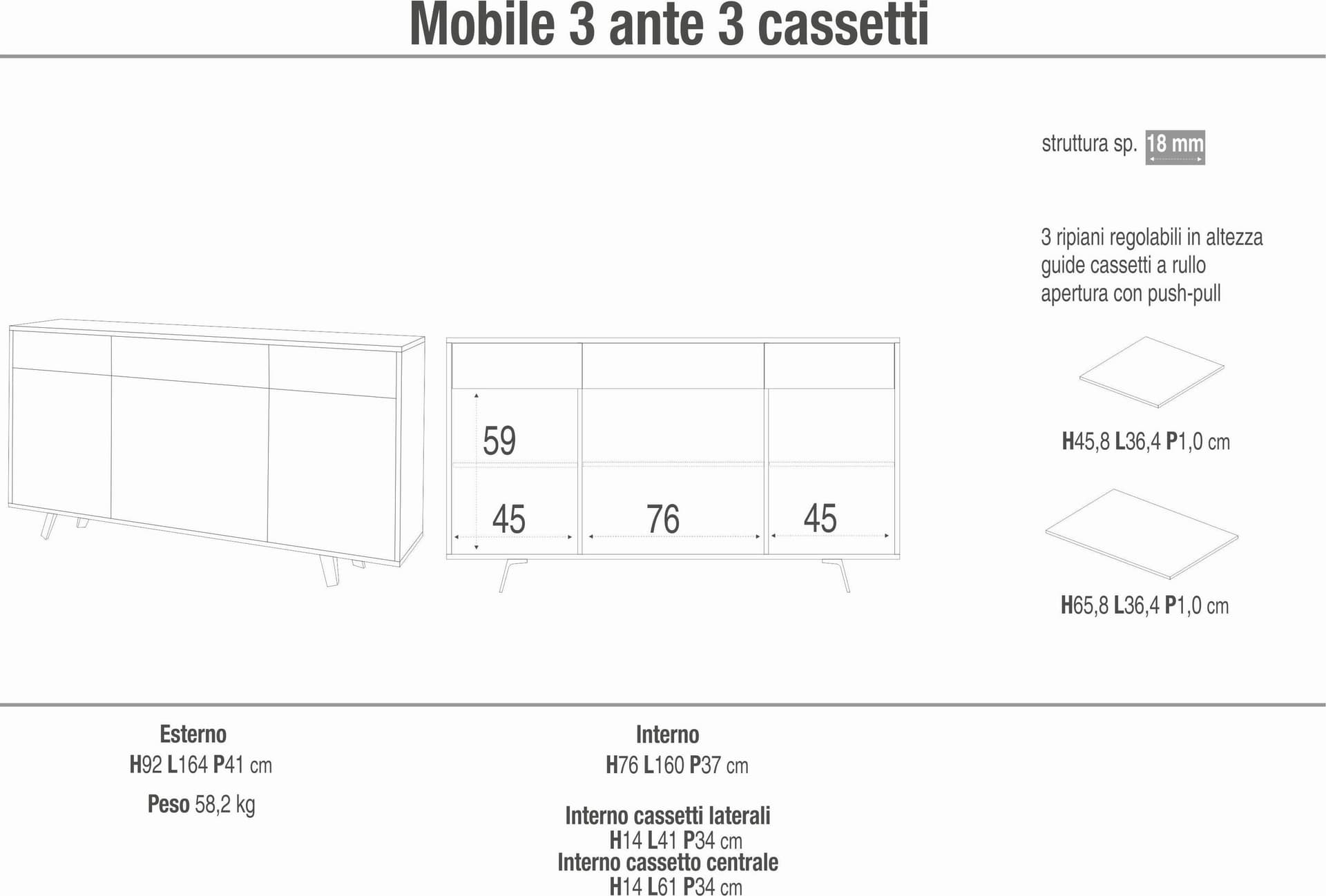 Madia moderna 3 ante con 3 cassetti push-pull – 164x41x92 cm - 16