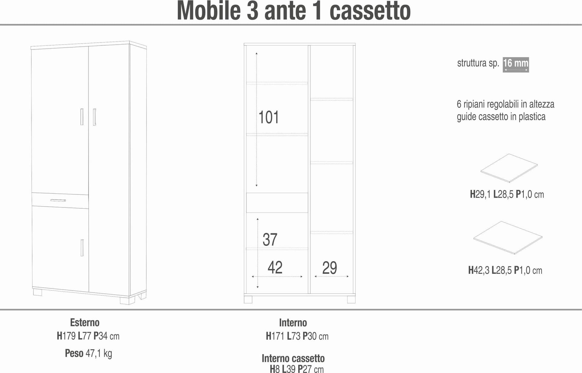 Mobile guardaroba 3 ante con 1 cassetto, finitura moderna - 77 x 34 x 179 cm - 9