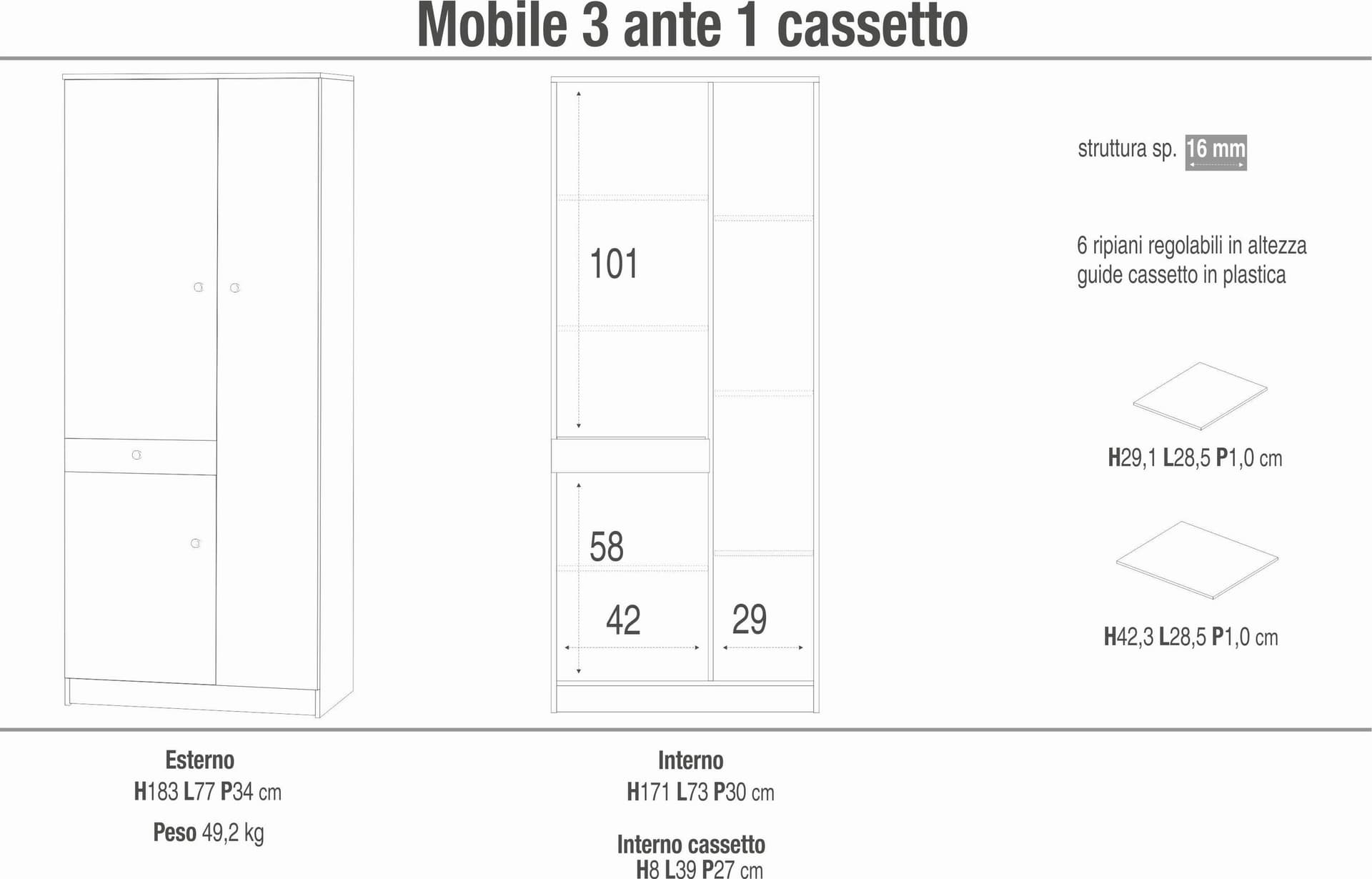 Mobile a 3 ante con cassetto e 6 ripiani regolabili – 77 x 34 x 183 cm - 8