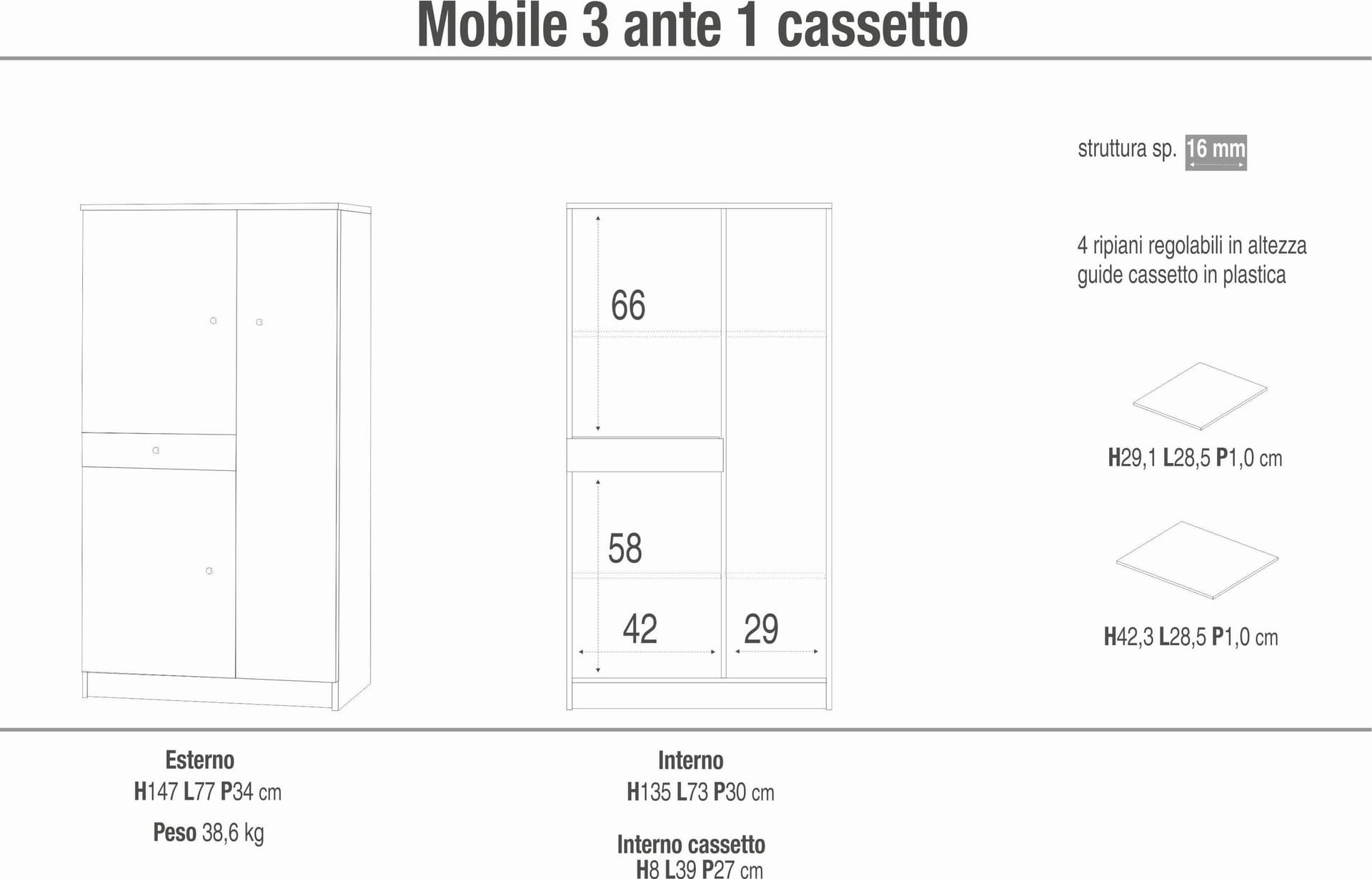Mobile a 3 ante con cassetto e ripiani regolabili – 77 x 34 x 147 cm - 4