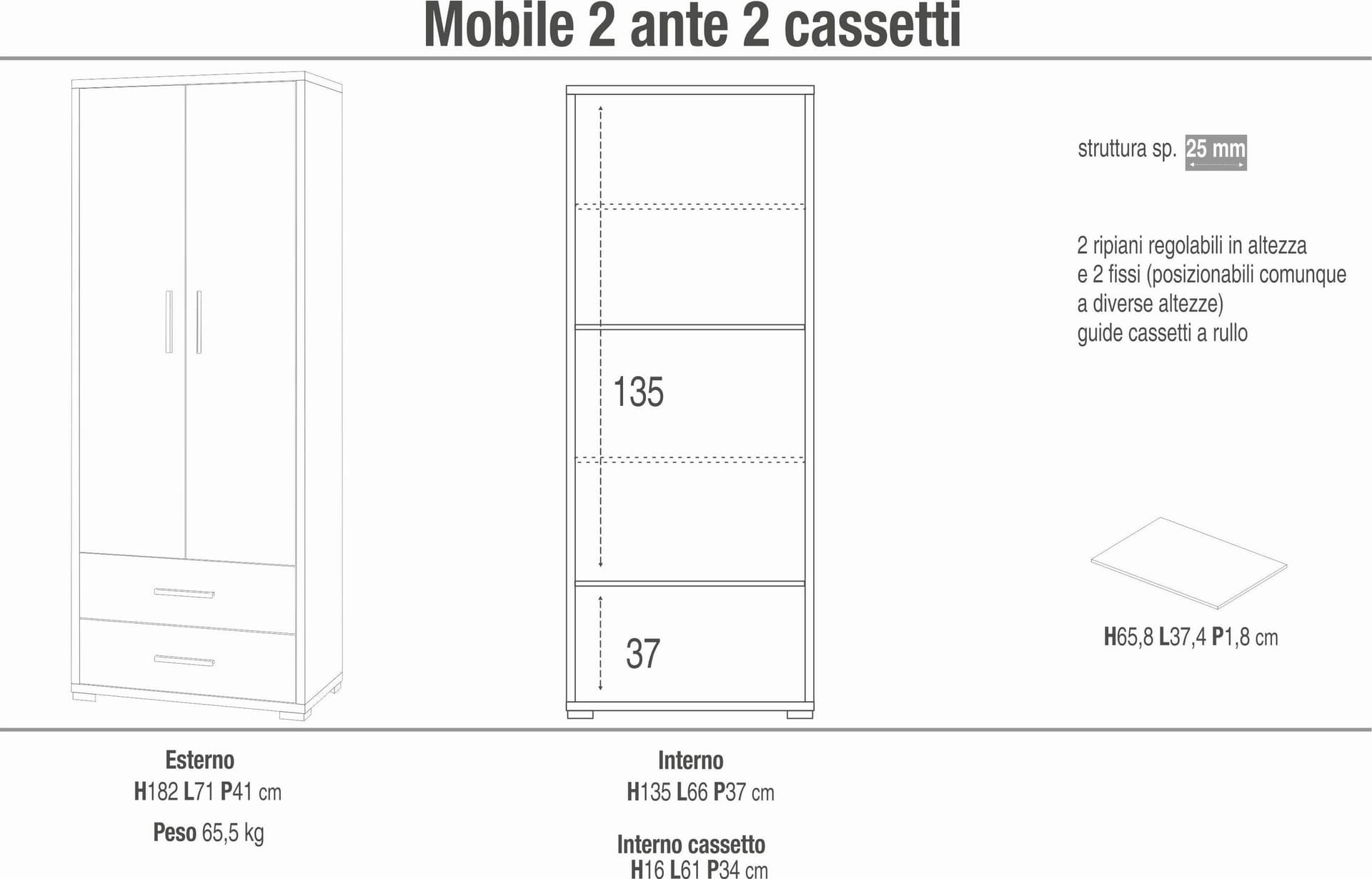Armadio a due ante con due cassetti dal design moderno - 182 x 71 x 41 cm - 10